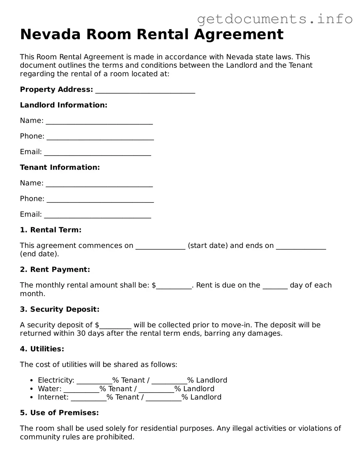 Free  Room Rental Agreement Template for Nevada