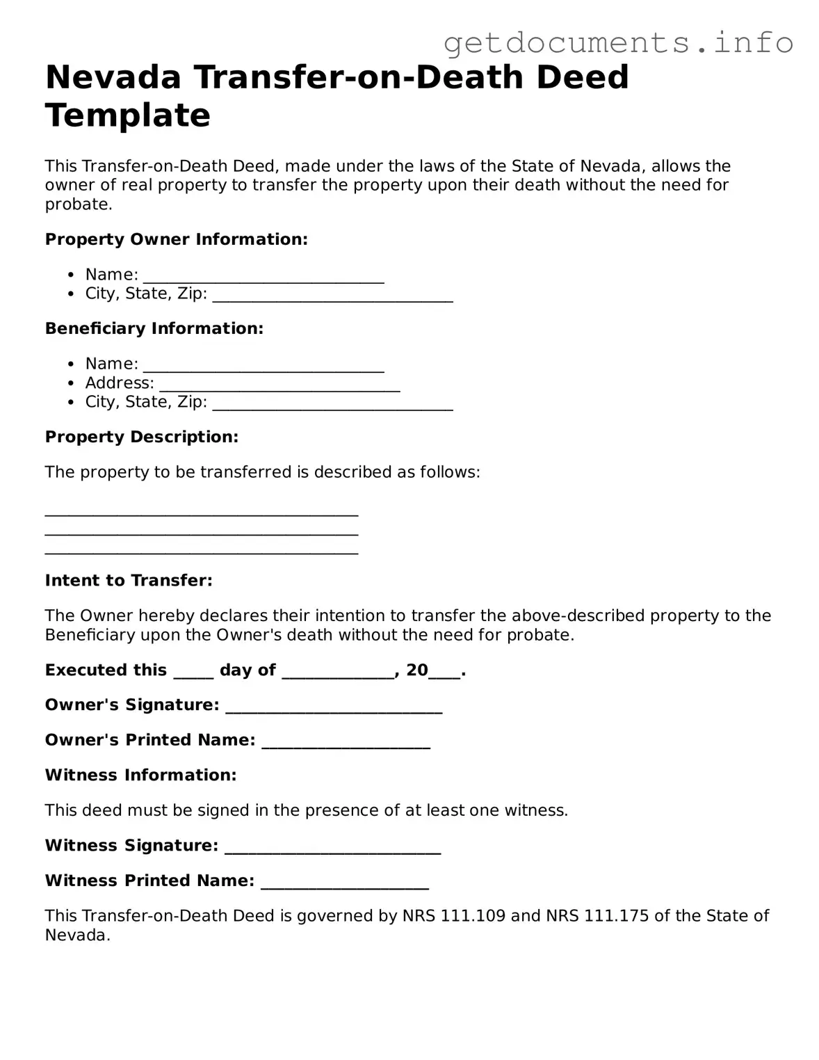 Free Transfer-on-Death Deed Template for Nevada