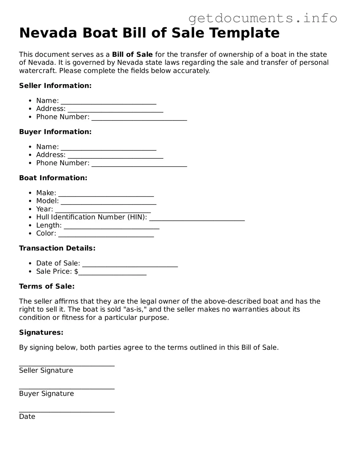 Free Boat Bill of Sale Template for Nevada