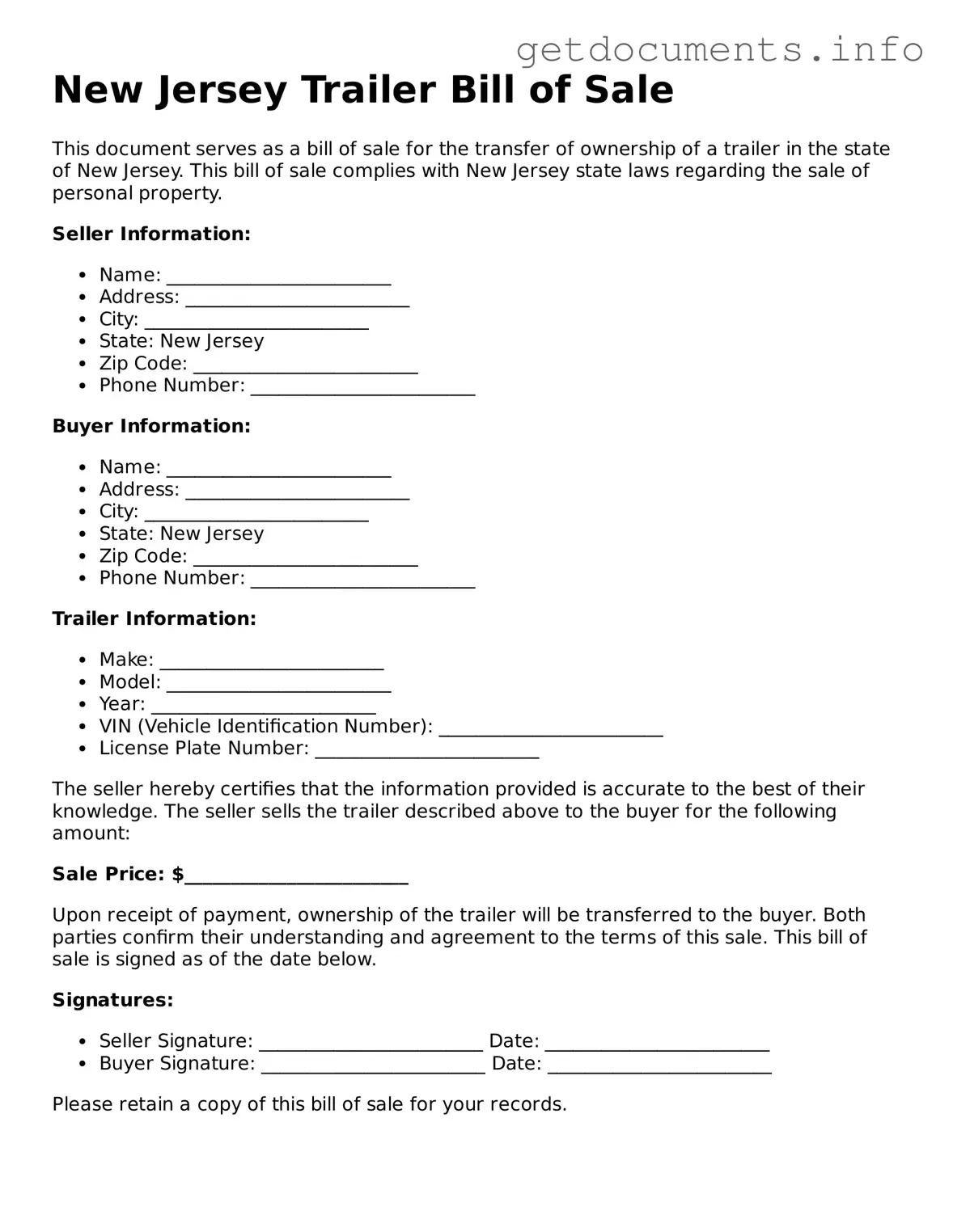 Free Trailer Bill of Sale Template for New Jersey