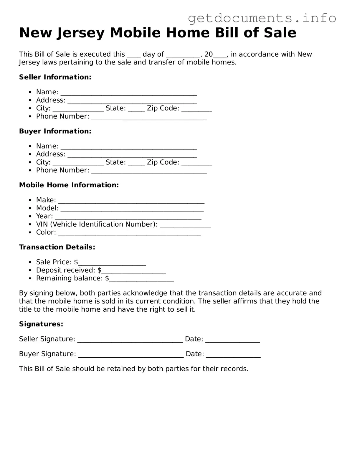 Free  Mobile Home Bill of Sale Template for New Jersey
