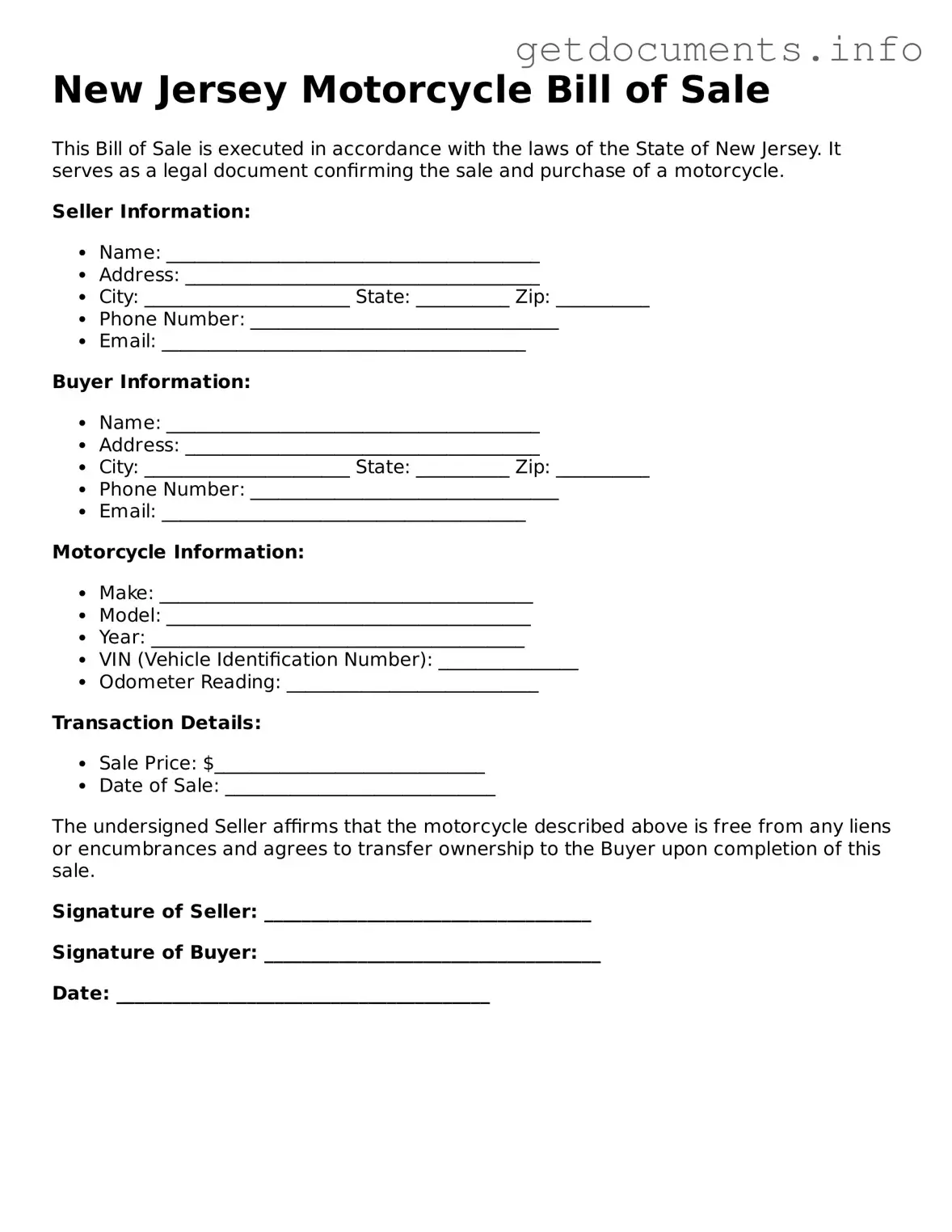 Free  Motorcycle Bill of Sale Template for New Jersey