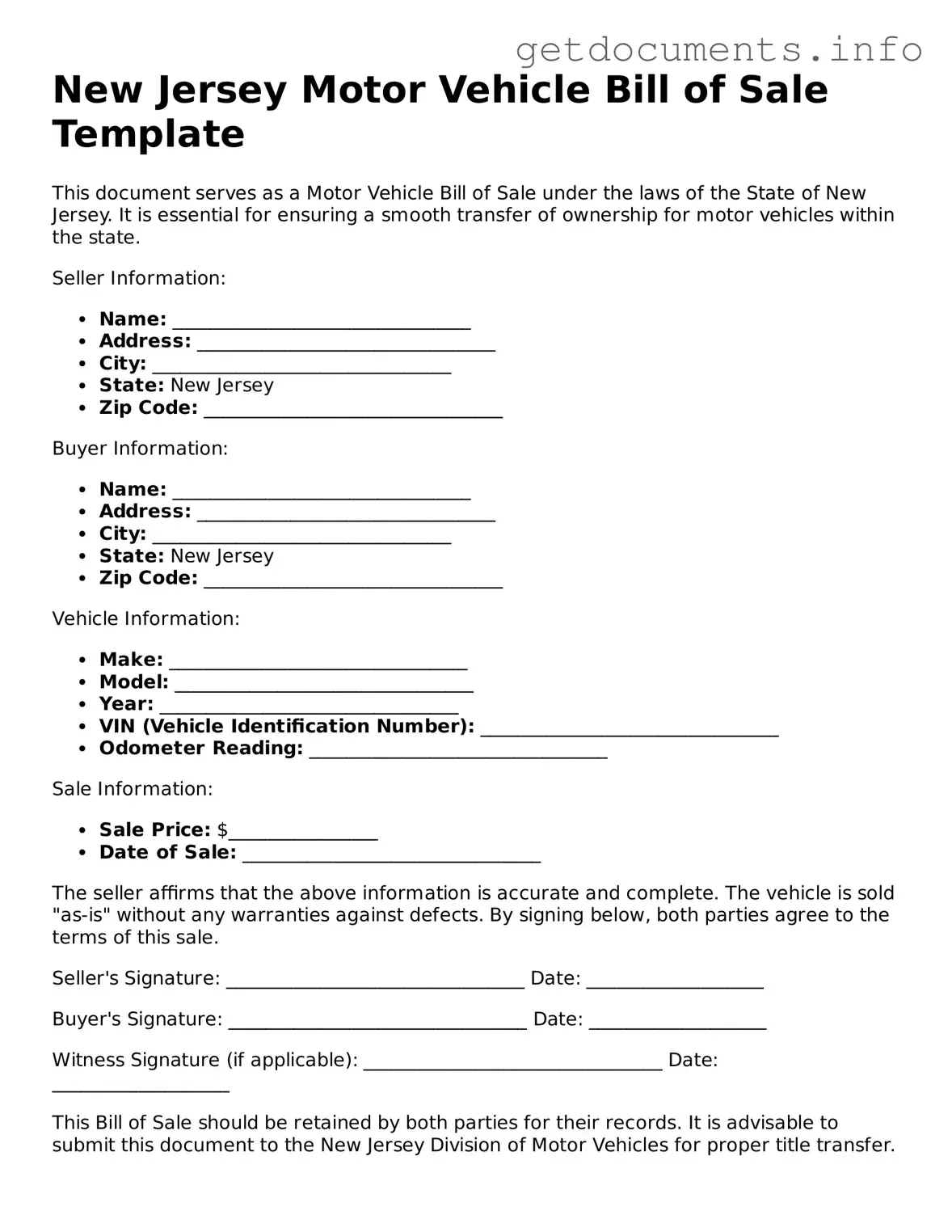 Free Motor Vehicle Bill of Sale Template for New Jersey