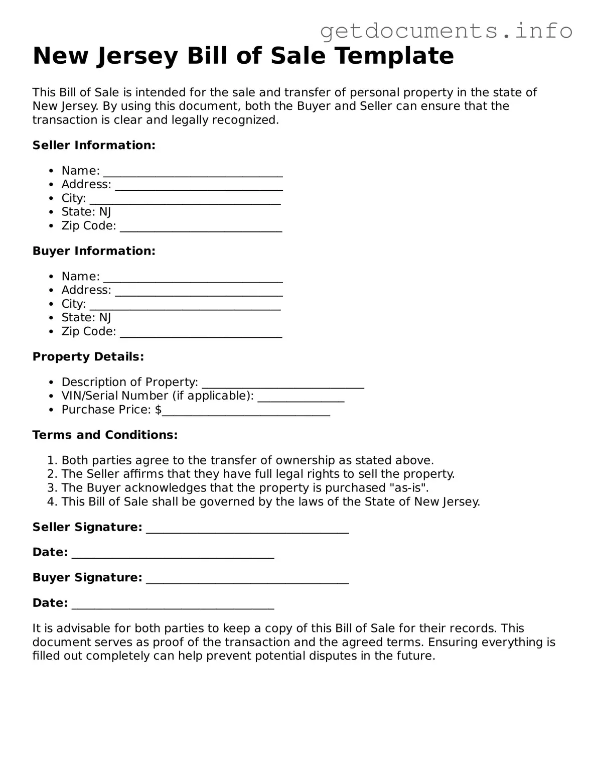 Free Bill of Sale Template for New Jersey