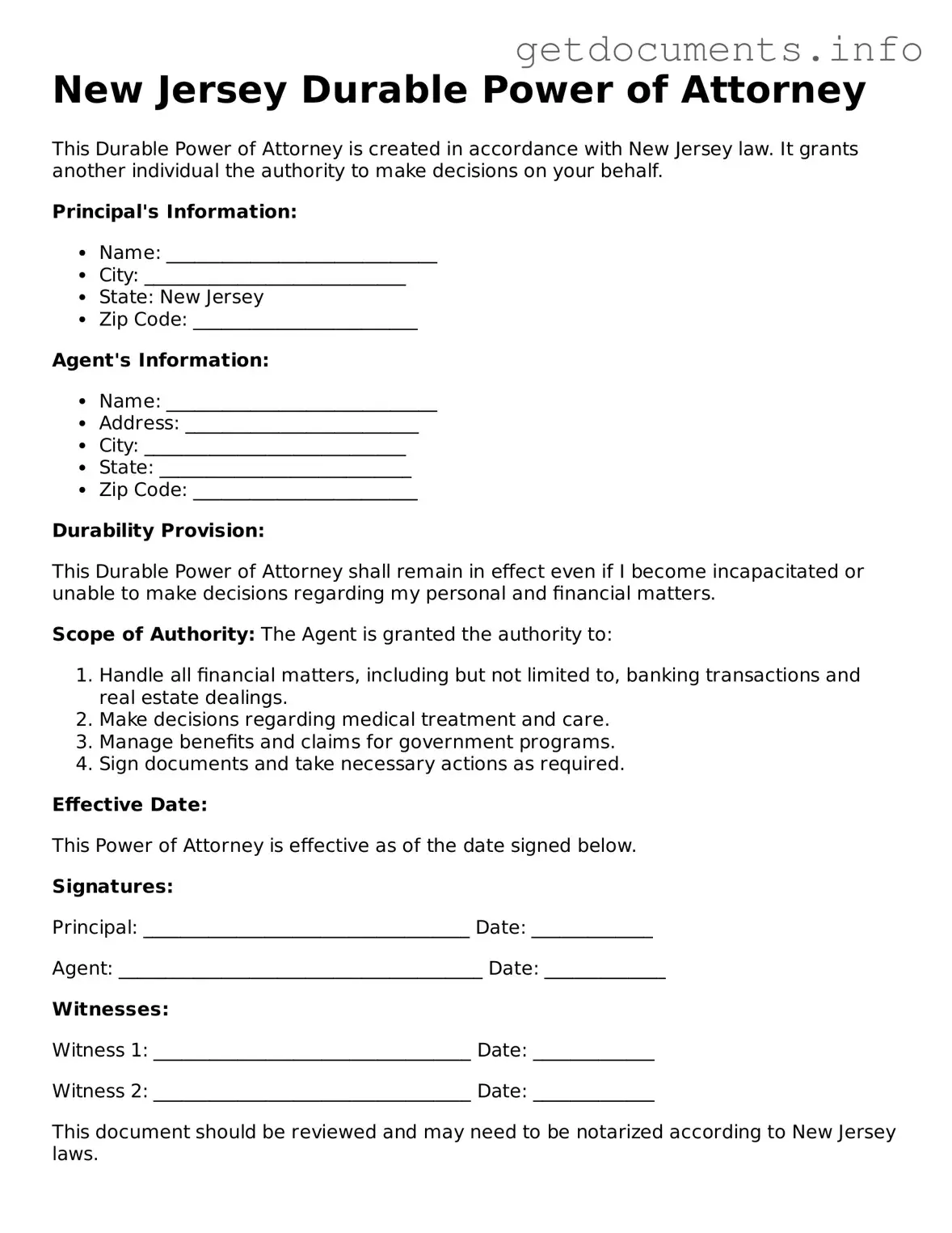 Free Durable Power of Attorney Template for New Jersey