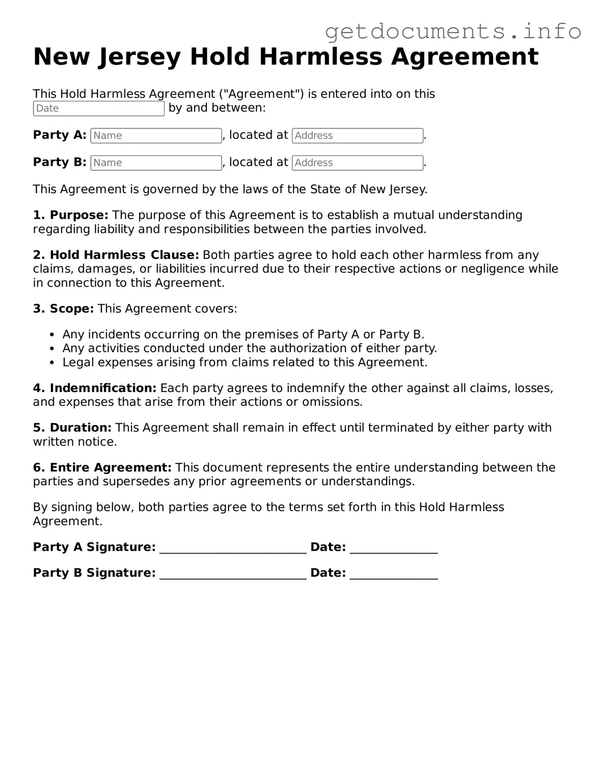 Free Hold Harmless Agreement Template for New Jersey