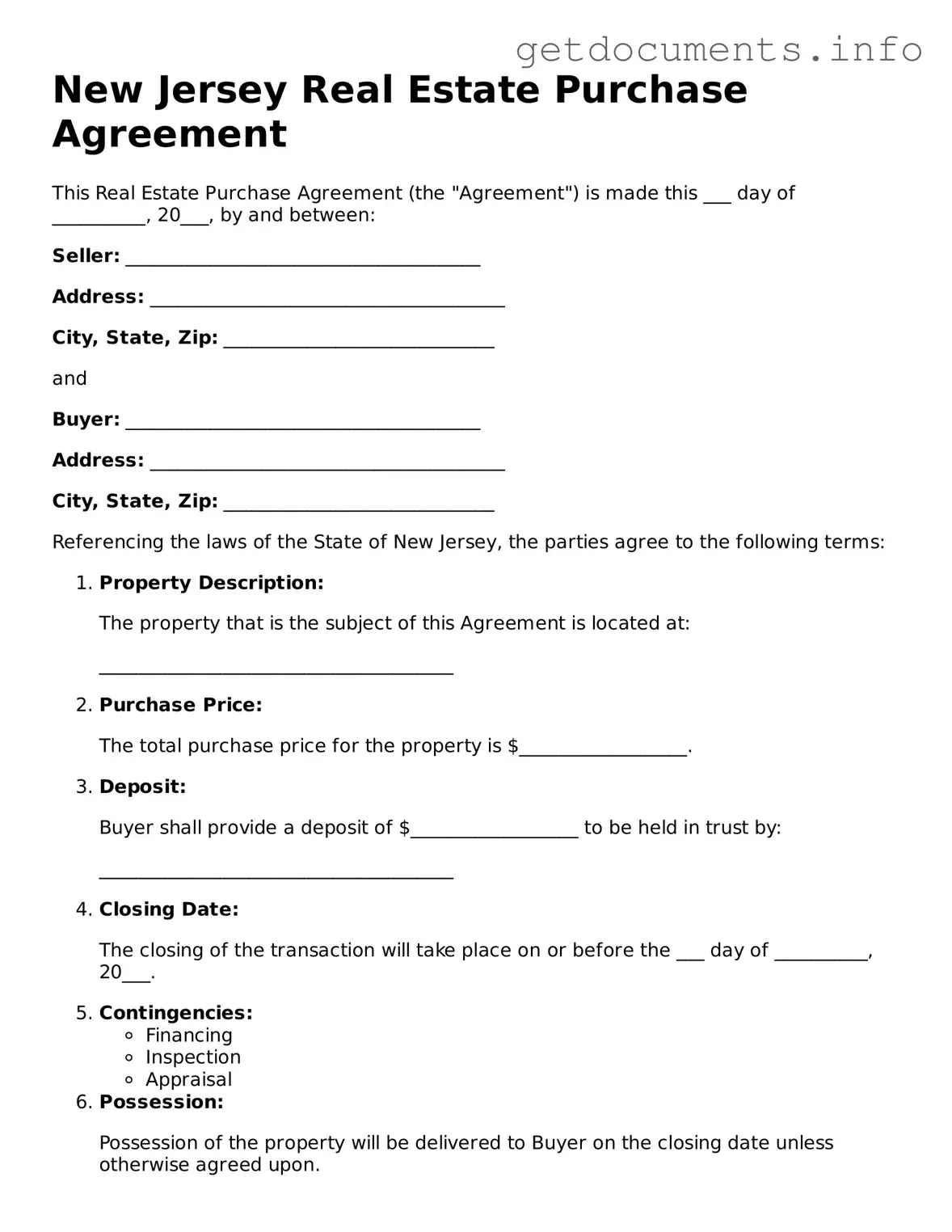 Free Real Estate Purchase Agreement Template for New Jersey