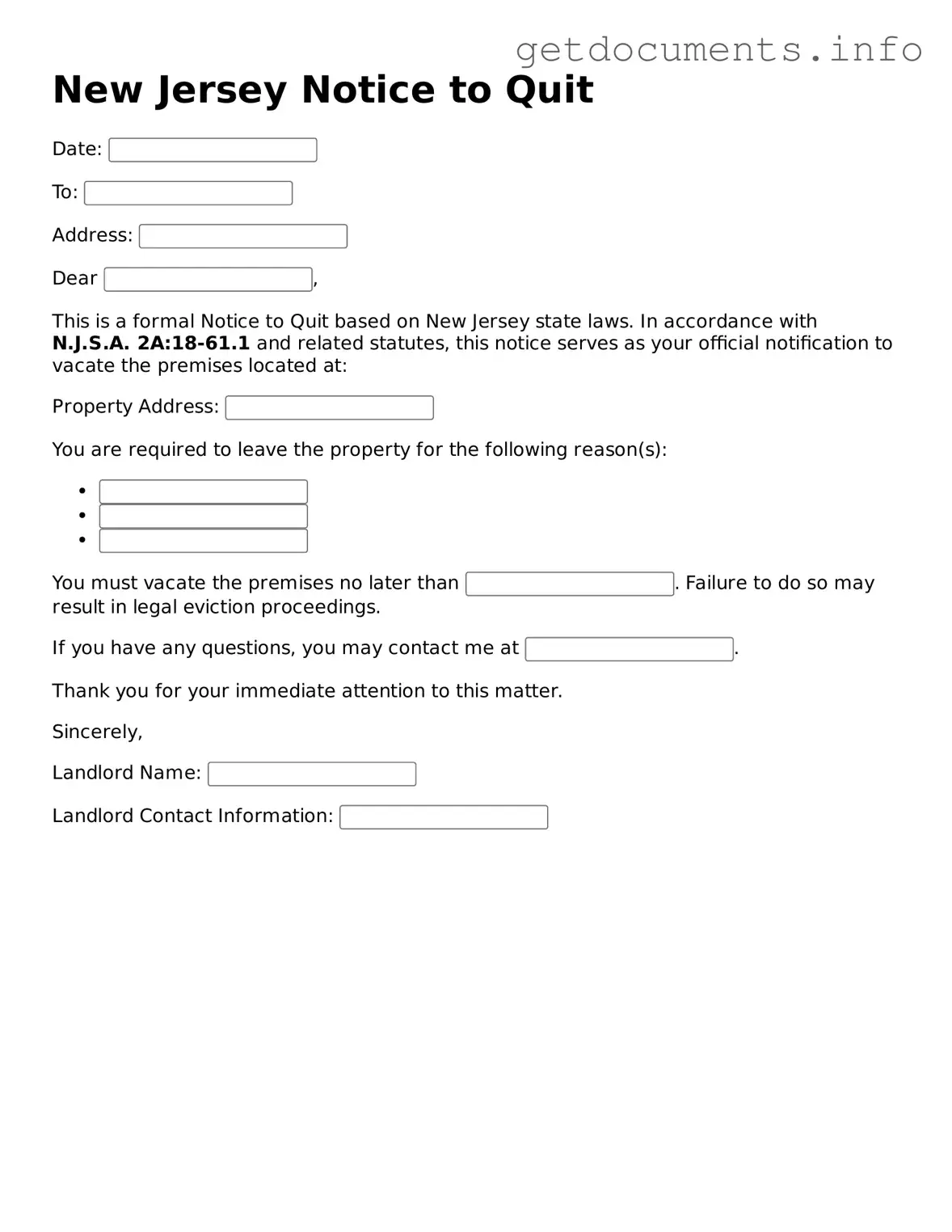 Free Notice to Quit Template for New Jersey