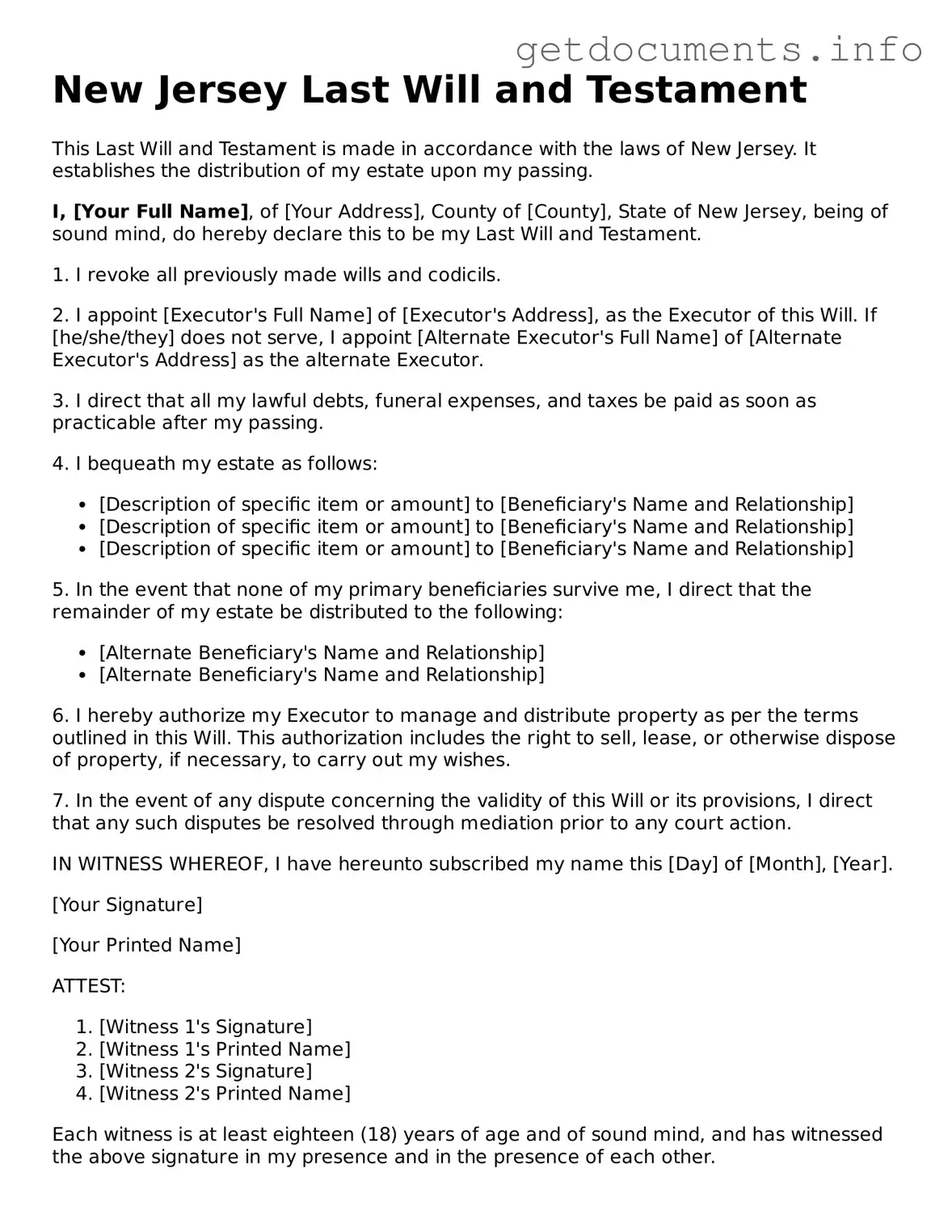 Free  Last Will and Testament Template for New Jersey