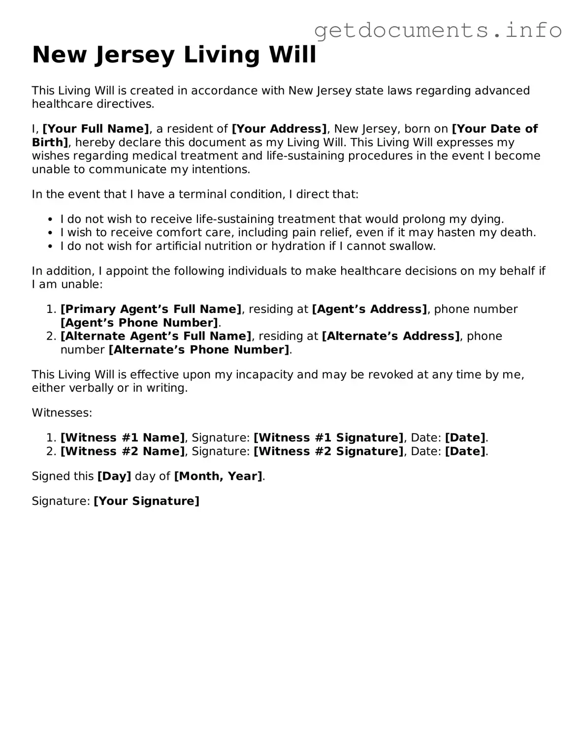 Free Living Will Template for New Jersey