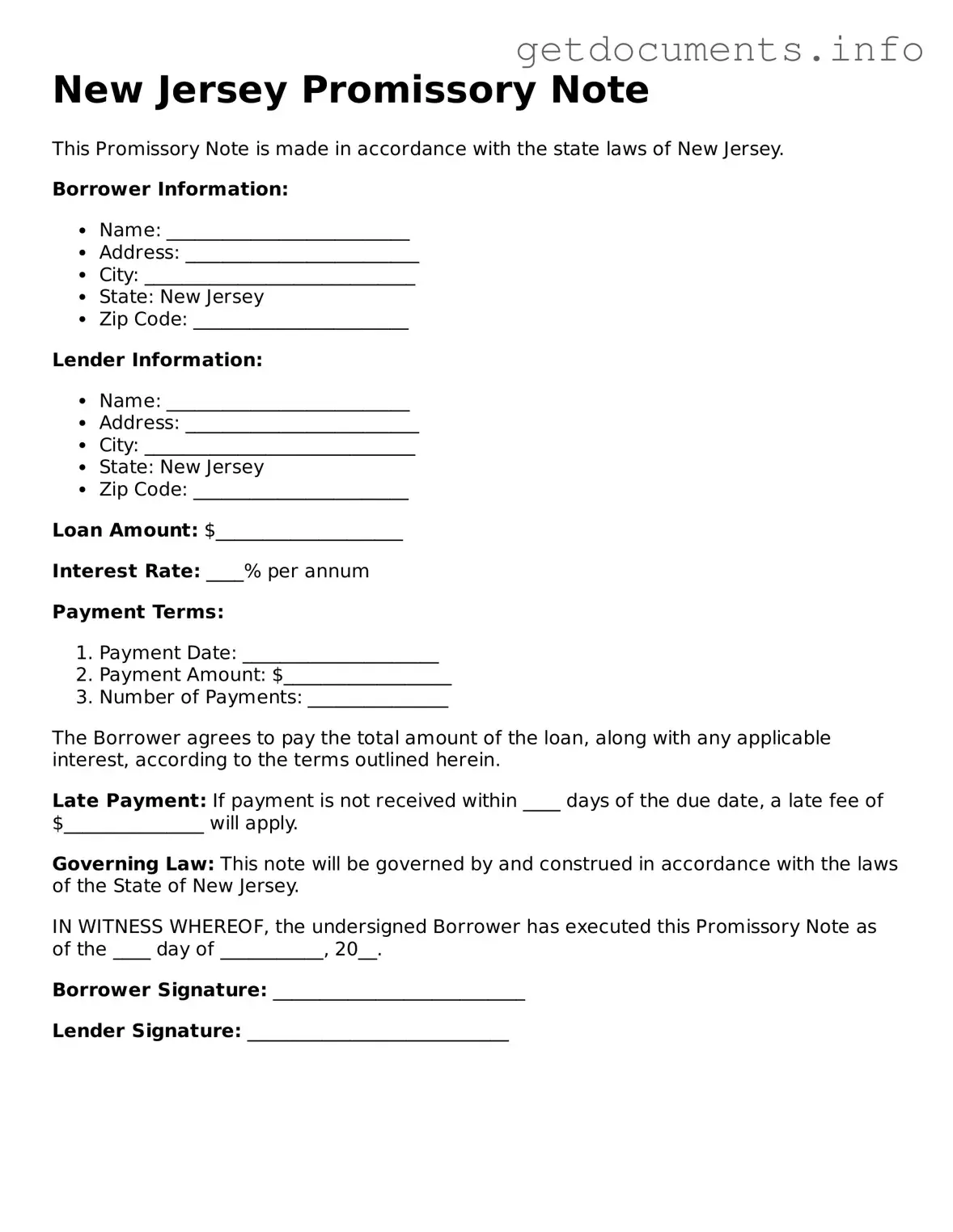 Free Promissory Note Template for New Jersey