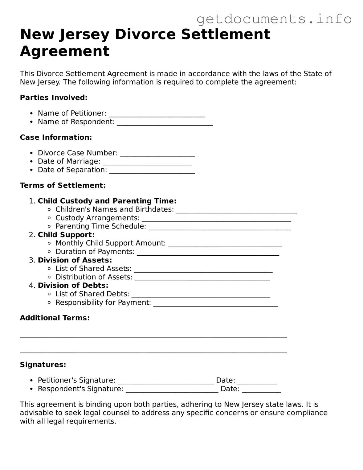 Free Divorce Settlement Agreement Template for New Jersey