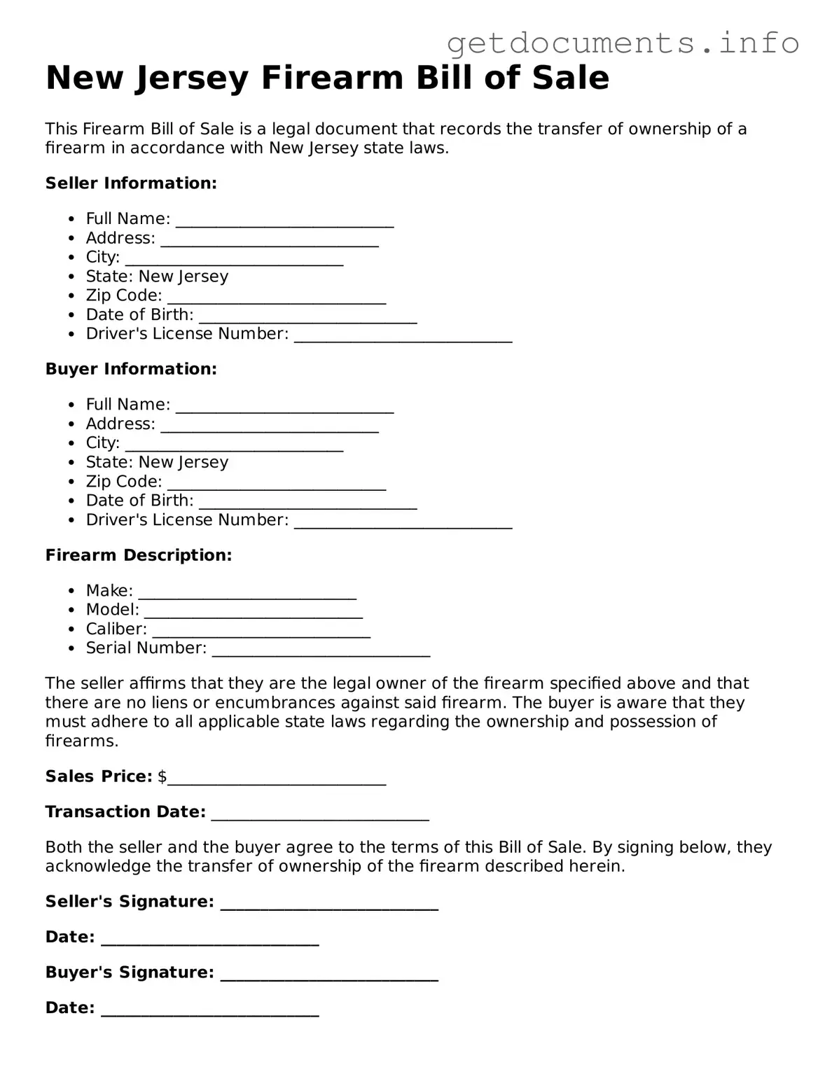 Free Firearm Bill of Sale Template for New Jersey