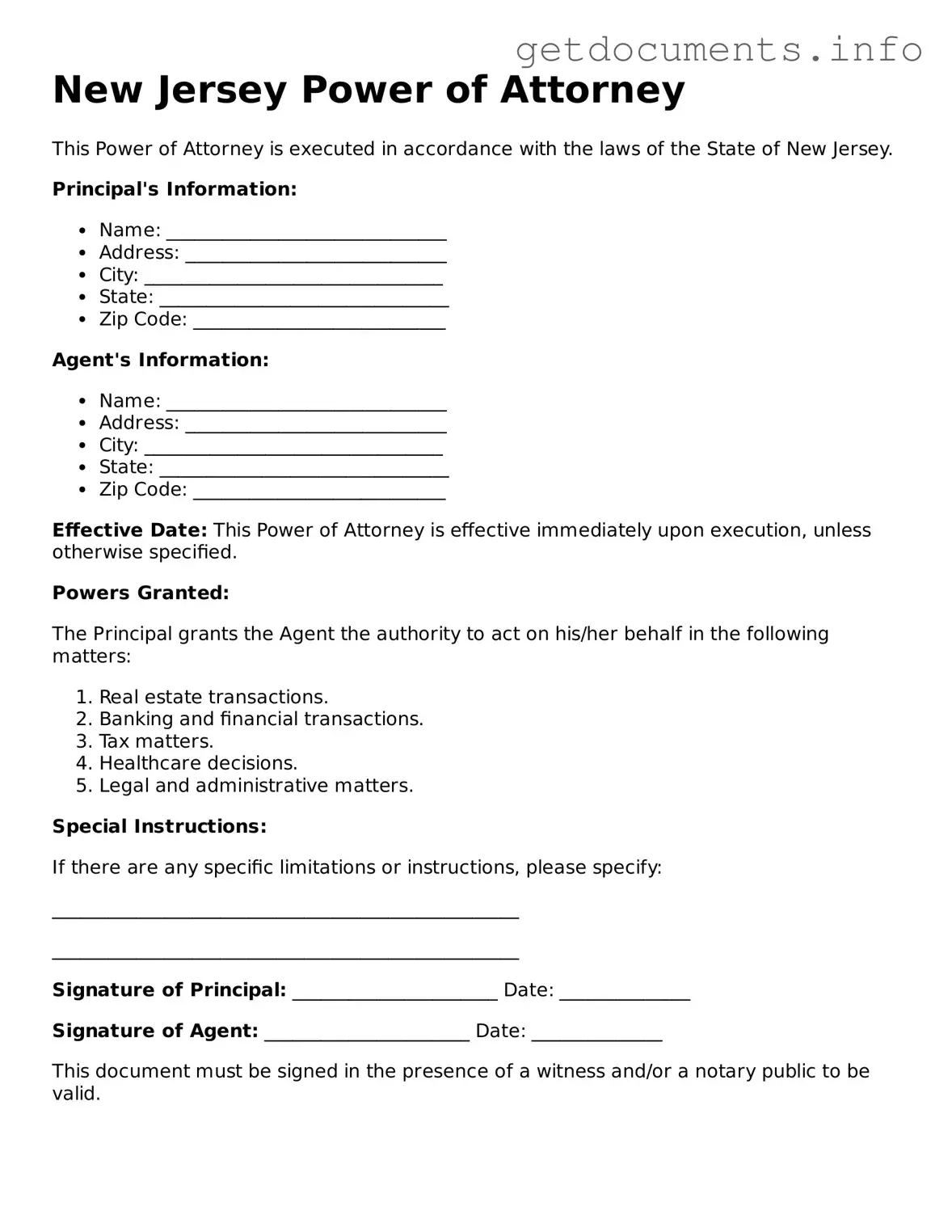 Free  Power of Attorney Template for New Jersey