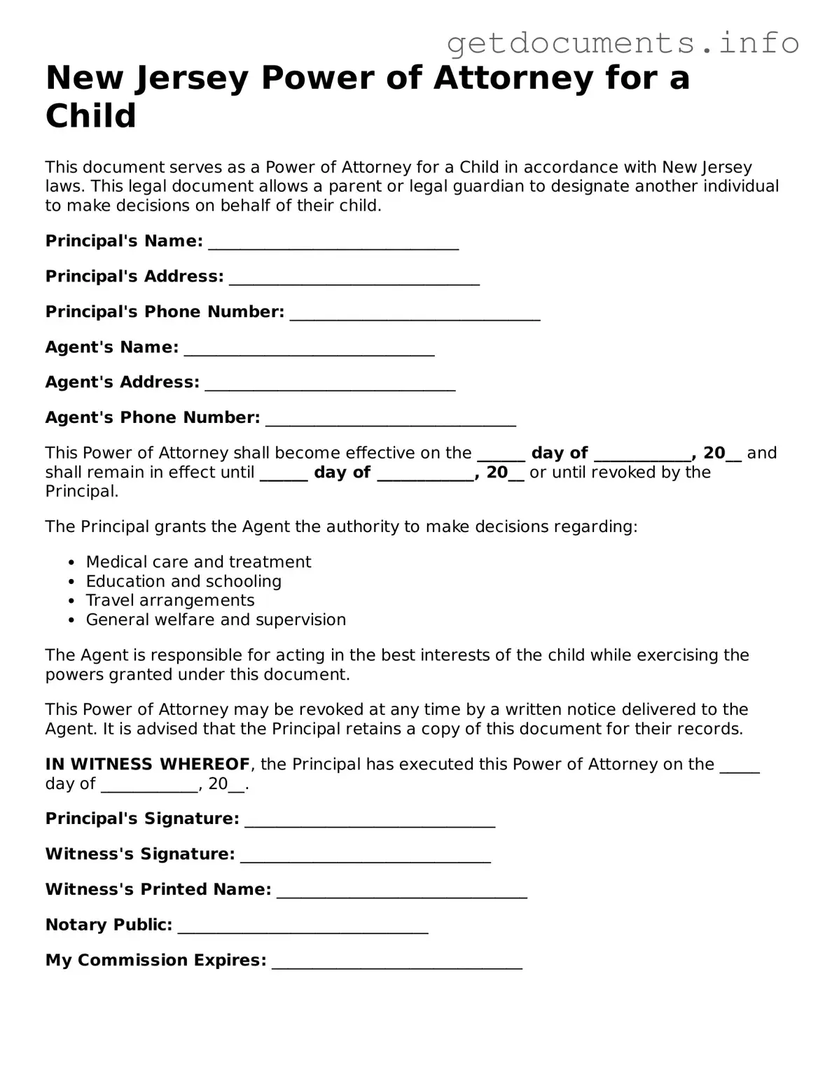 Free Power of Attorney for a Child Template for New Jersey