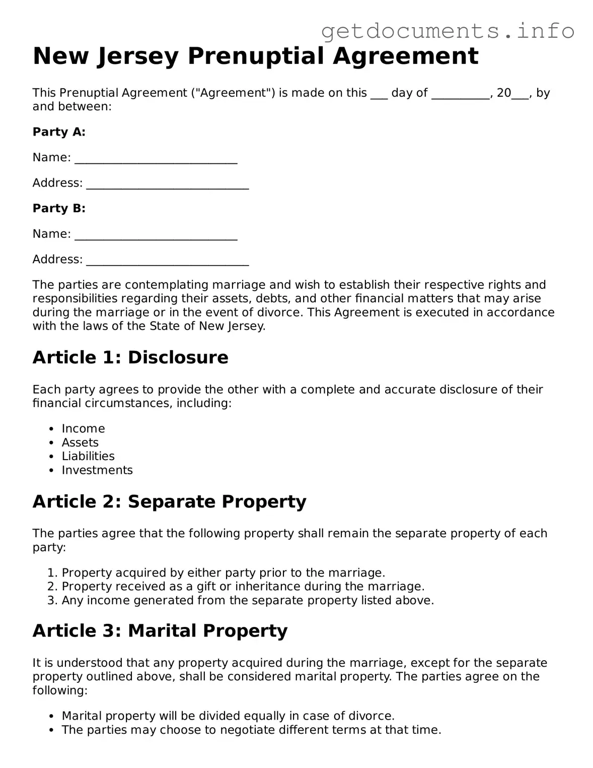 Free Prenuptial Agreement Template for New Jersey
