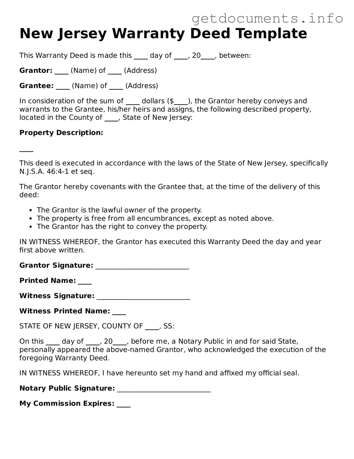Free Deed Template for New Jersey