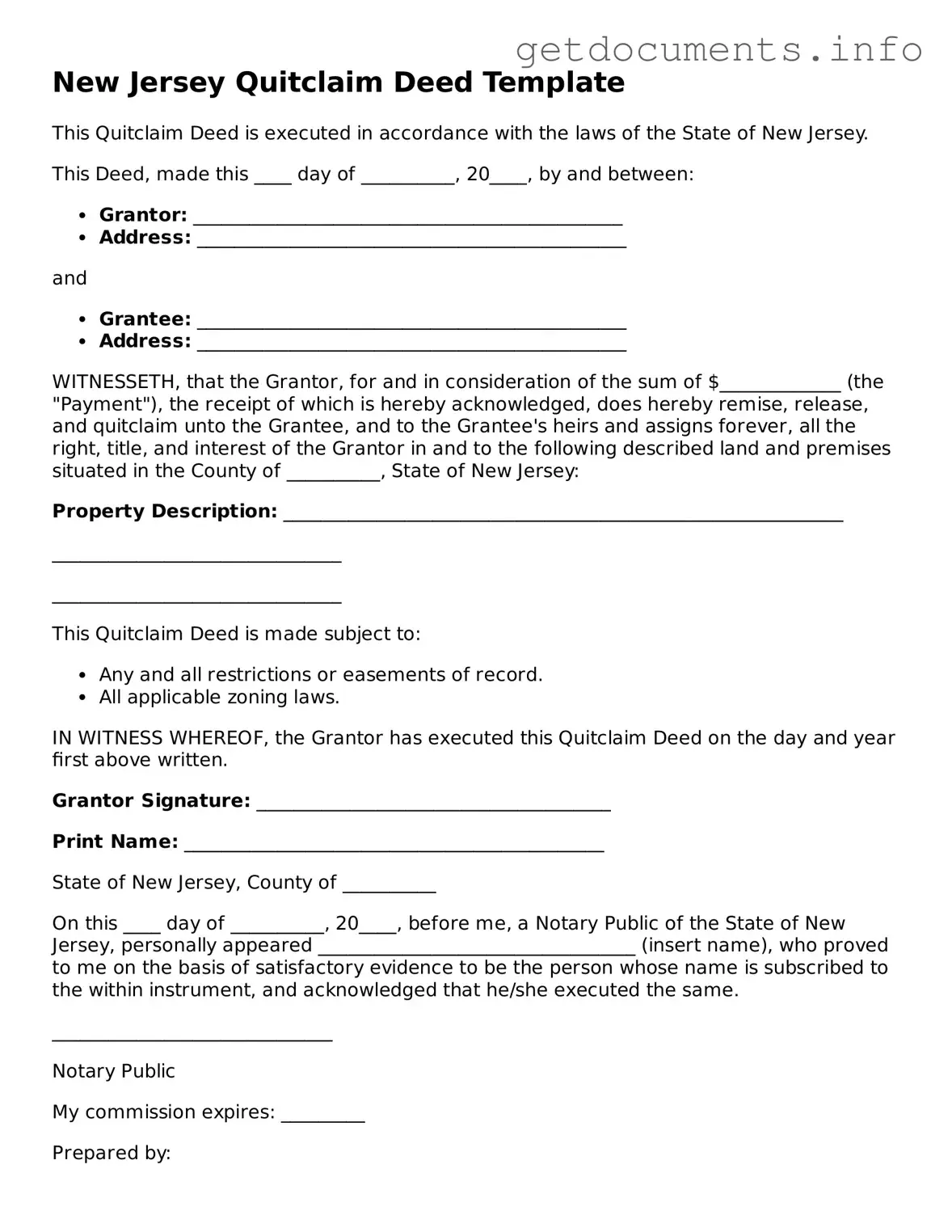 Free  Quitclaim Deed Template for New Jersey