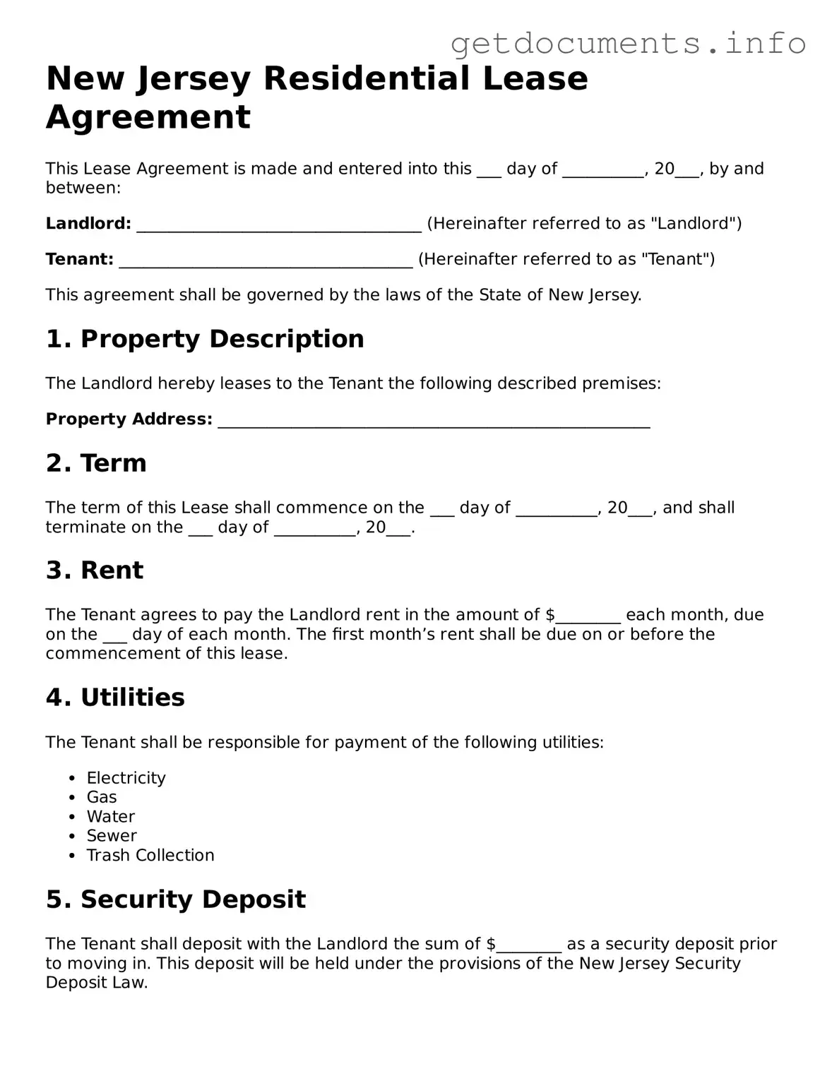 Free Lease Agreement Template for New Jersey