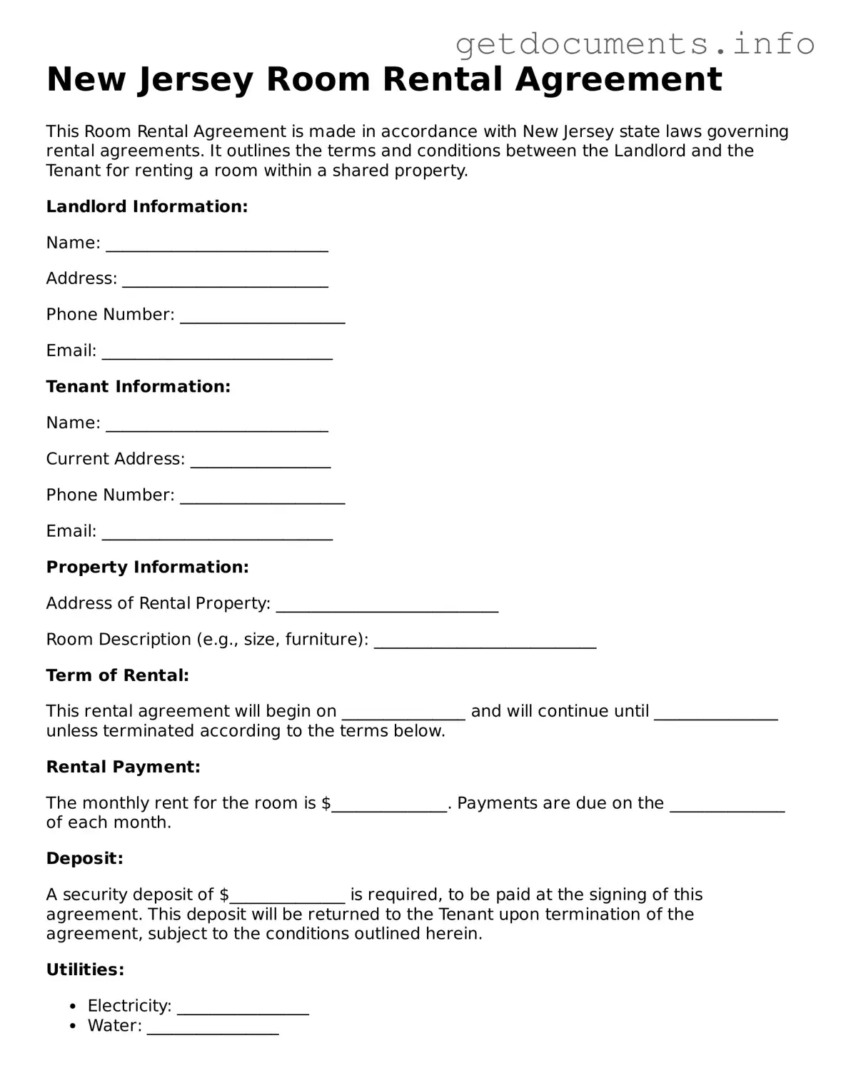 Free  Room Rental Agreement Template for New Jersey