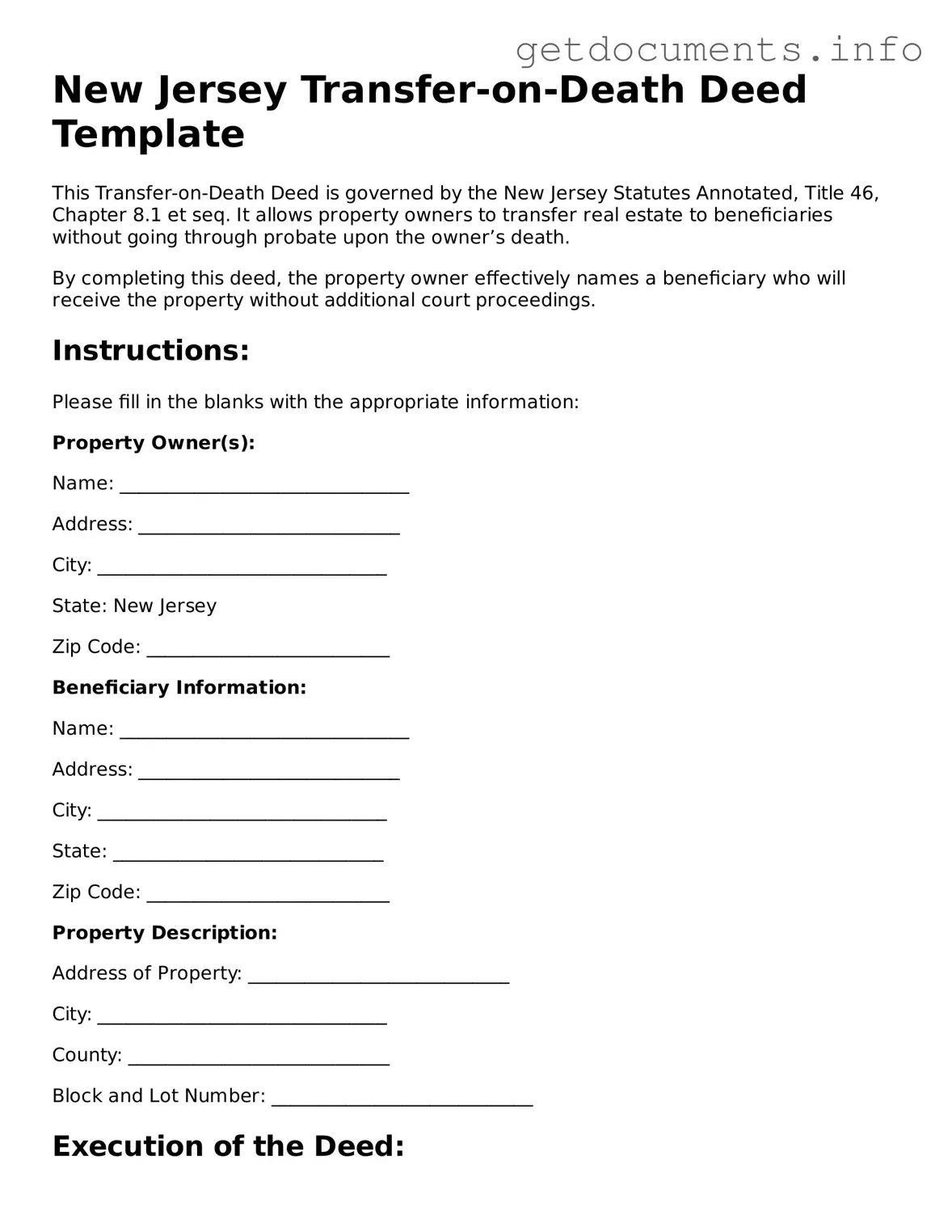 Free Transfer-on-Death Deed Template for New Jersey