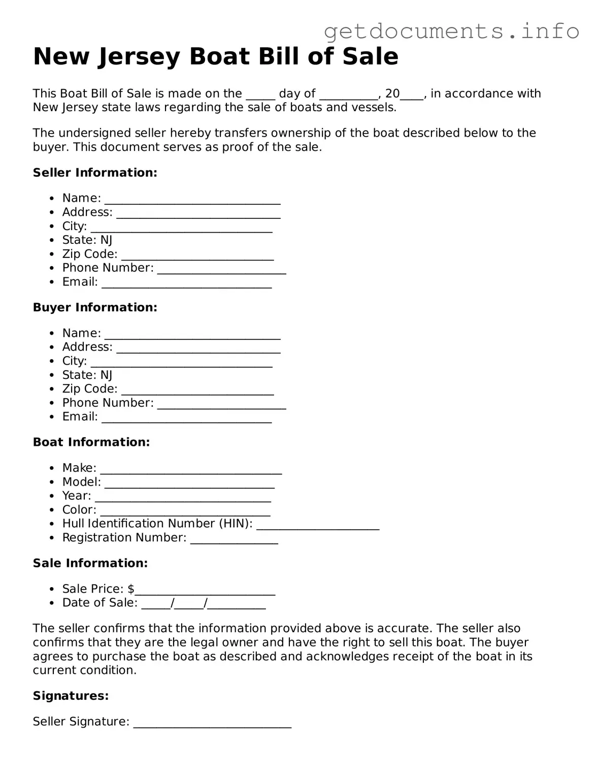 Free Boat Bill of Sale Template for New Jersey