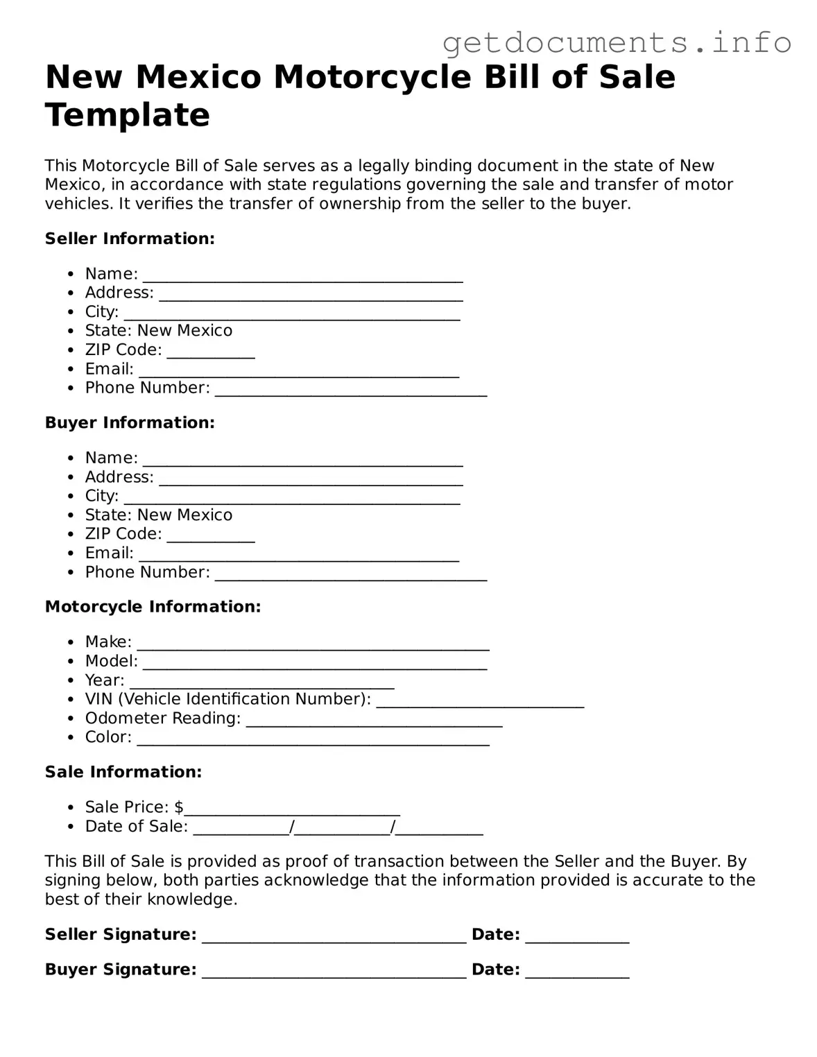 Free Motorcycle Bill of Sale Template for New Mexico
