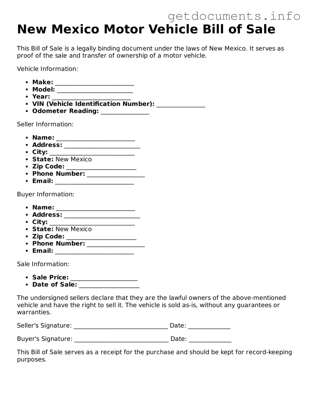 Free Motor Vehicle Bill of Sale Template for New Mexico