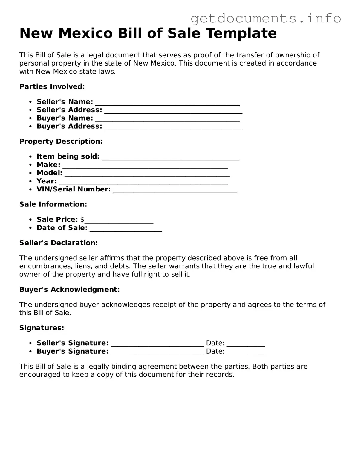 Free  Bill of Sale Template for New Mexico
