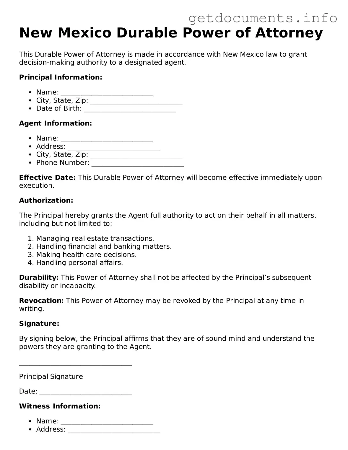 Free Durable Power of Attorney Template for New Mexico
