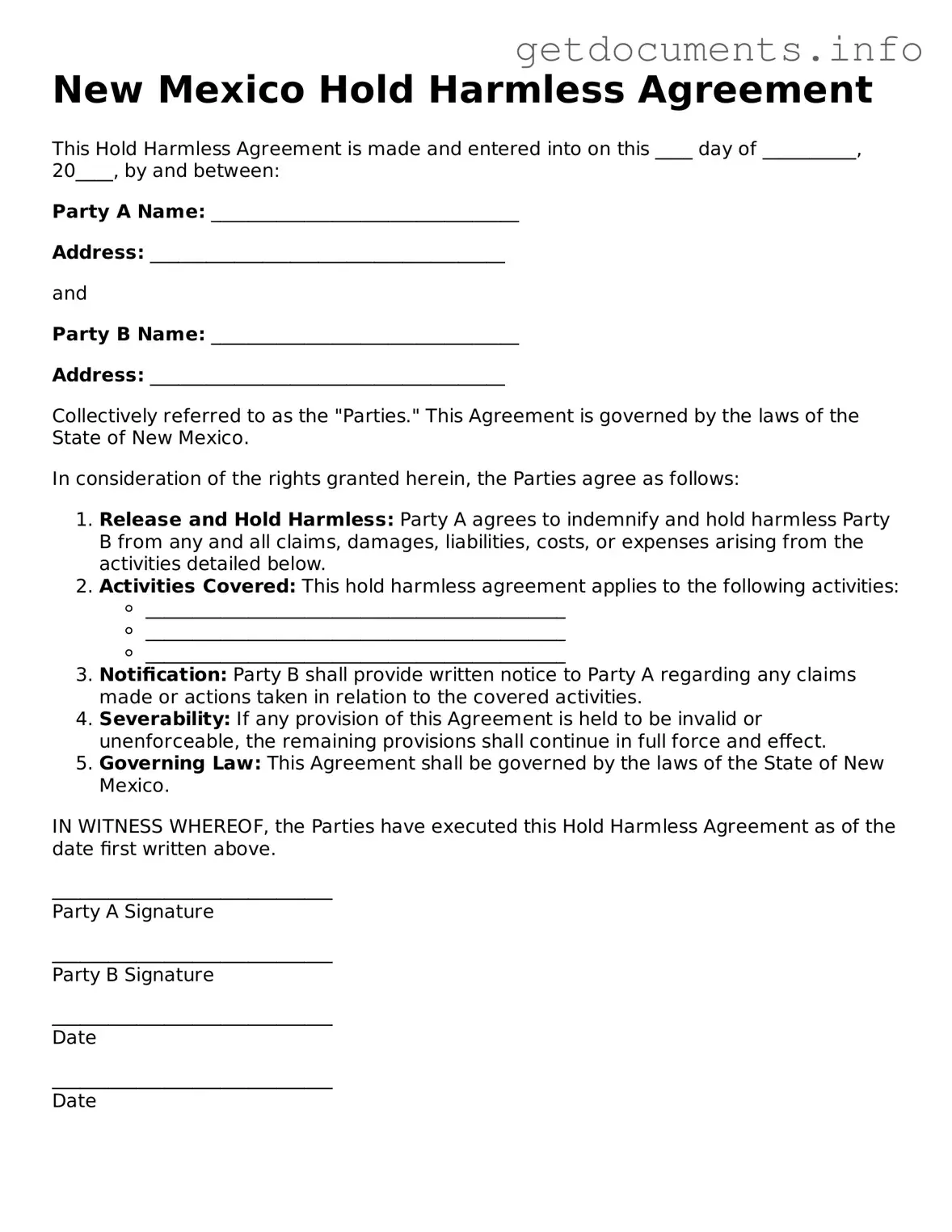 Free  Hold Harmless Agreement Template for New Mexico