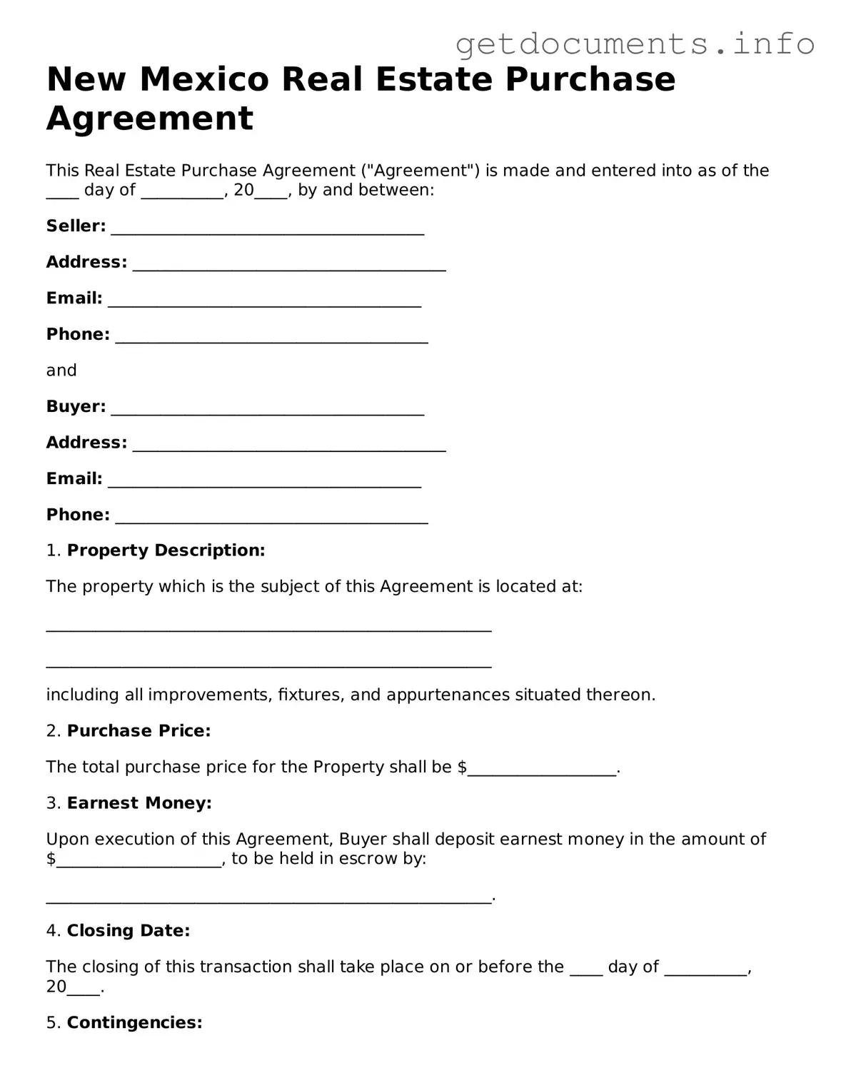 Free  Real Estate Purchase Agreement Template for New Mexico