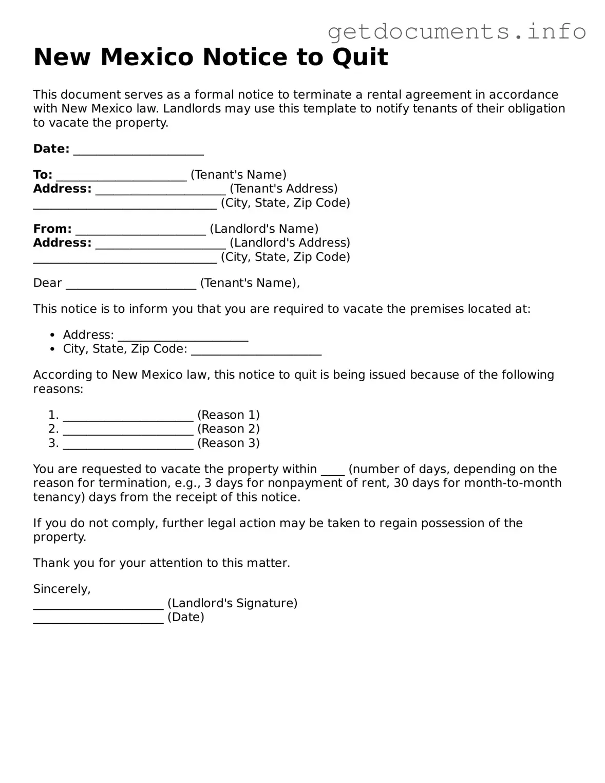 Free  Notice to Quit Template for New Mexico