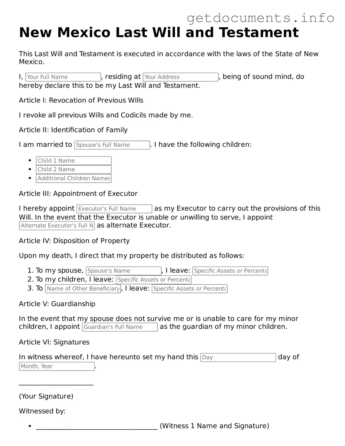 Free  Last Will and Testament Template for New Mexico