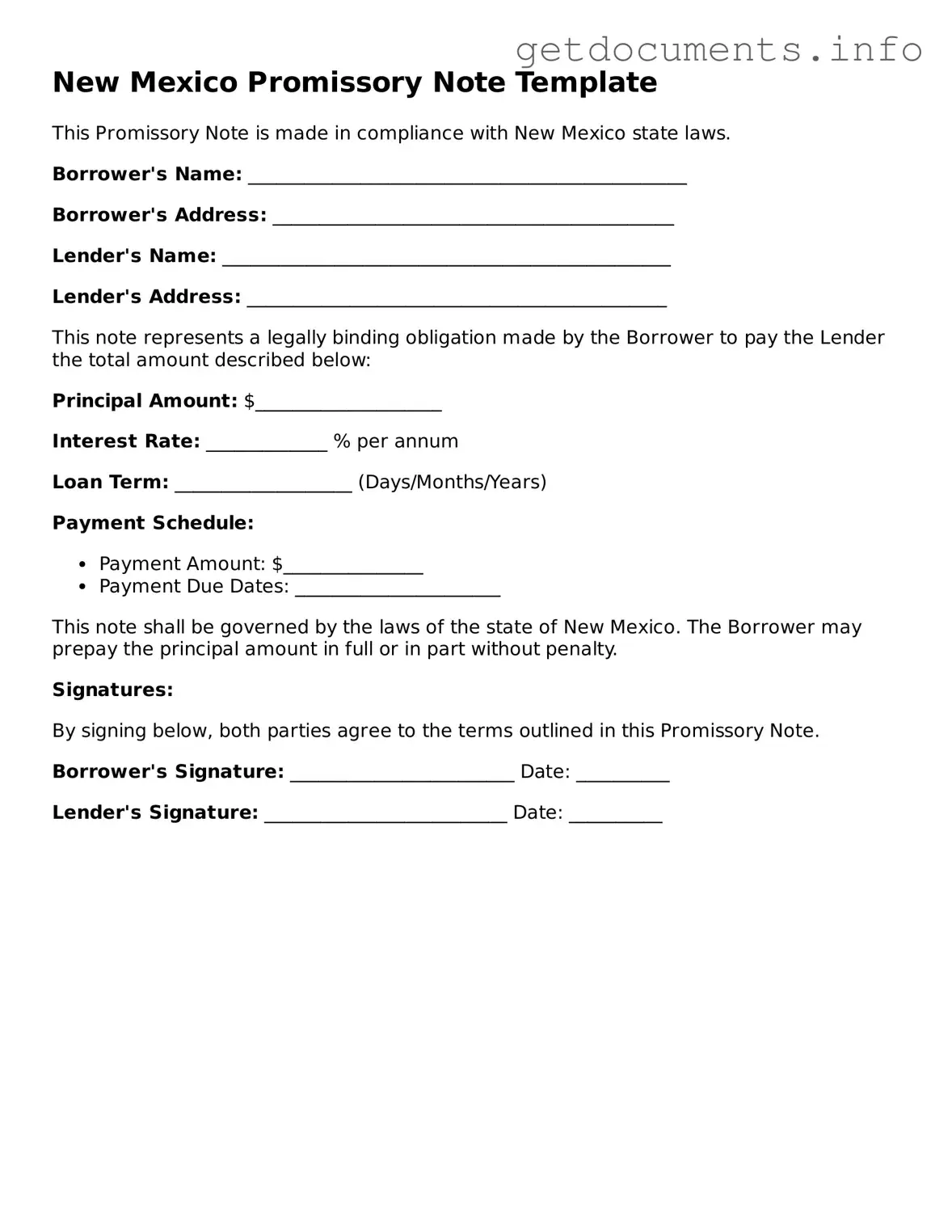 Free  Promissory Note Template for New Mexico