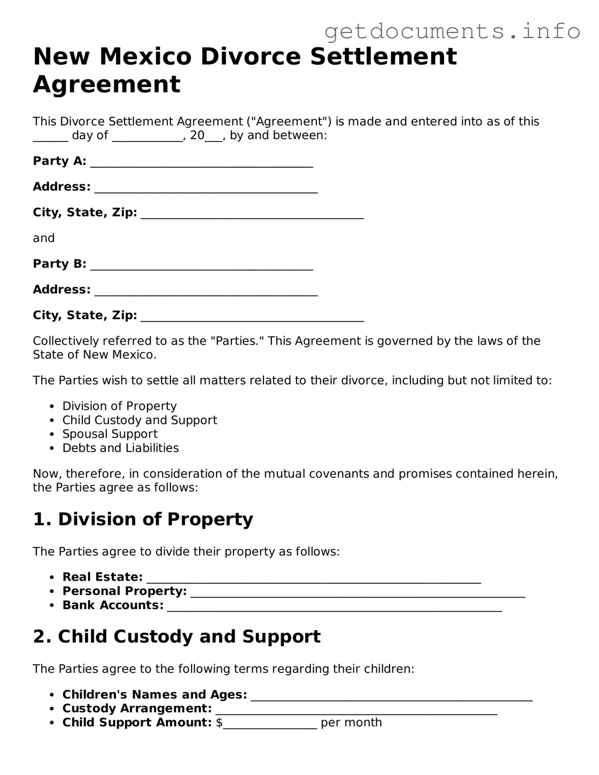 Free Divorce Settlement Agreement Template for New Mexico