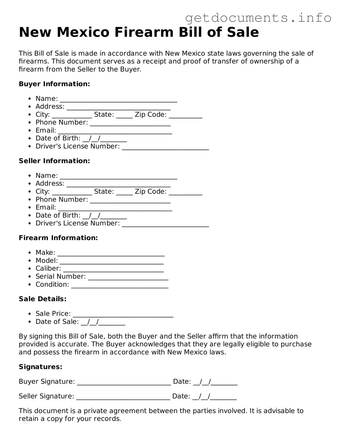 Free  Firearm Bill of Sale Template for New Mexico