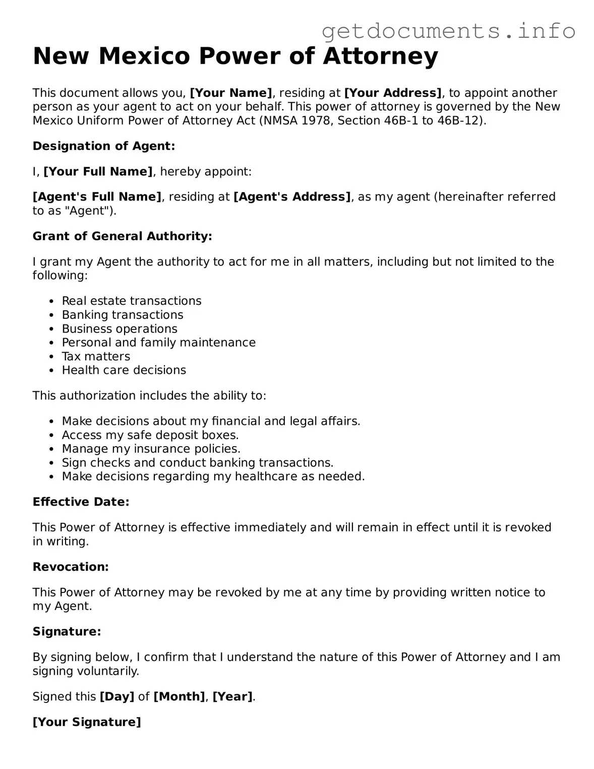 Free Power of Attorney Template for New Mexico