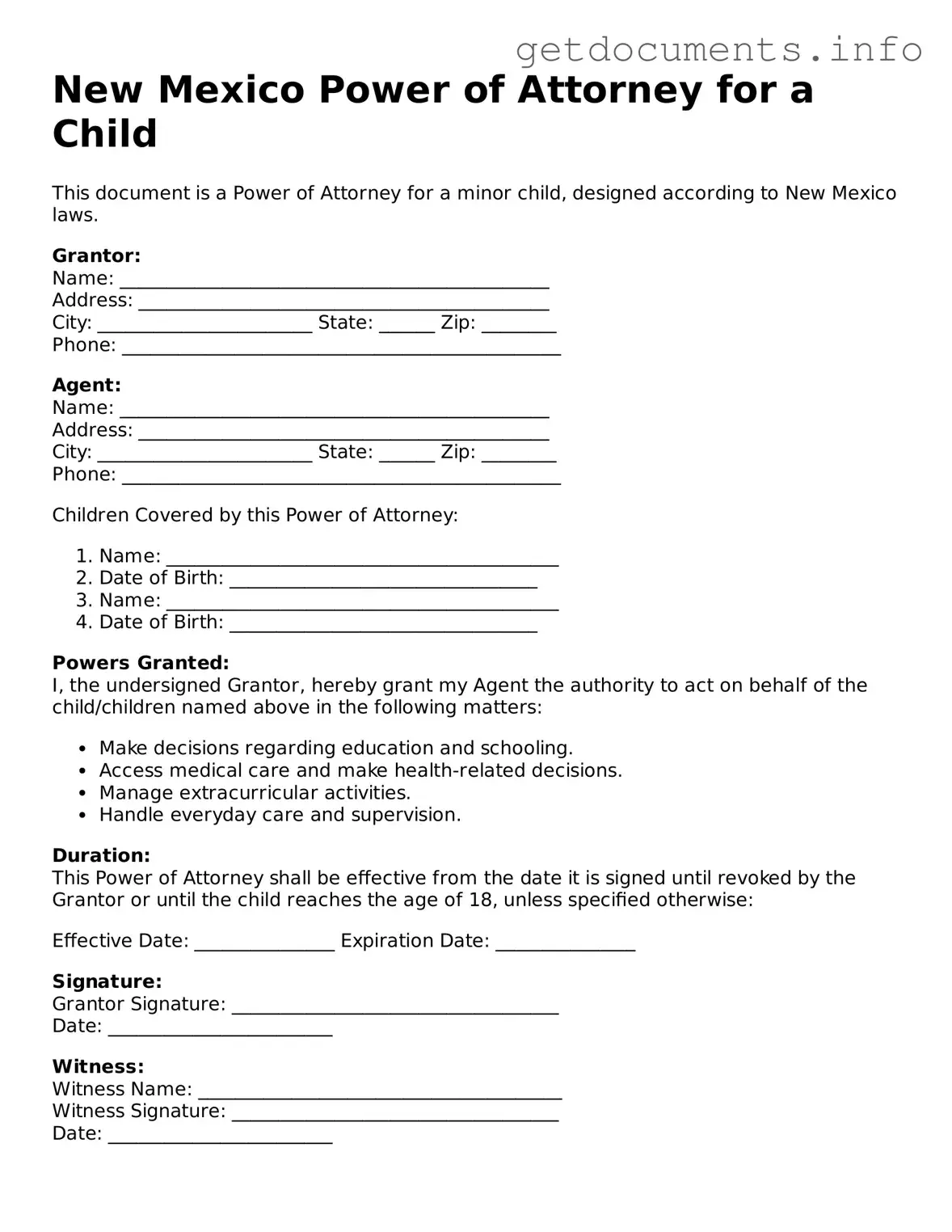 Free  Power of Attorney for a Child Template for New Mexico