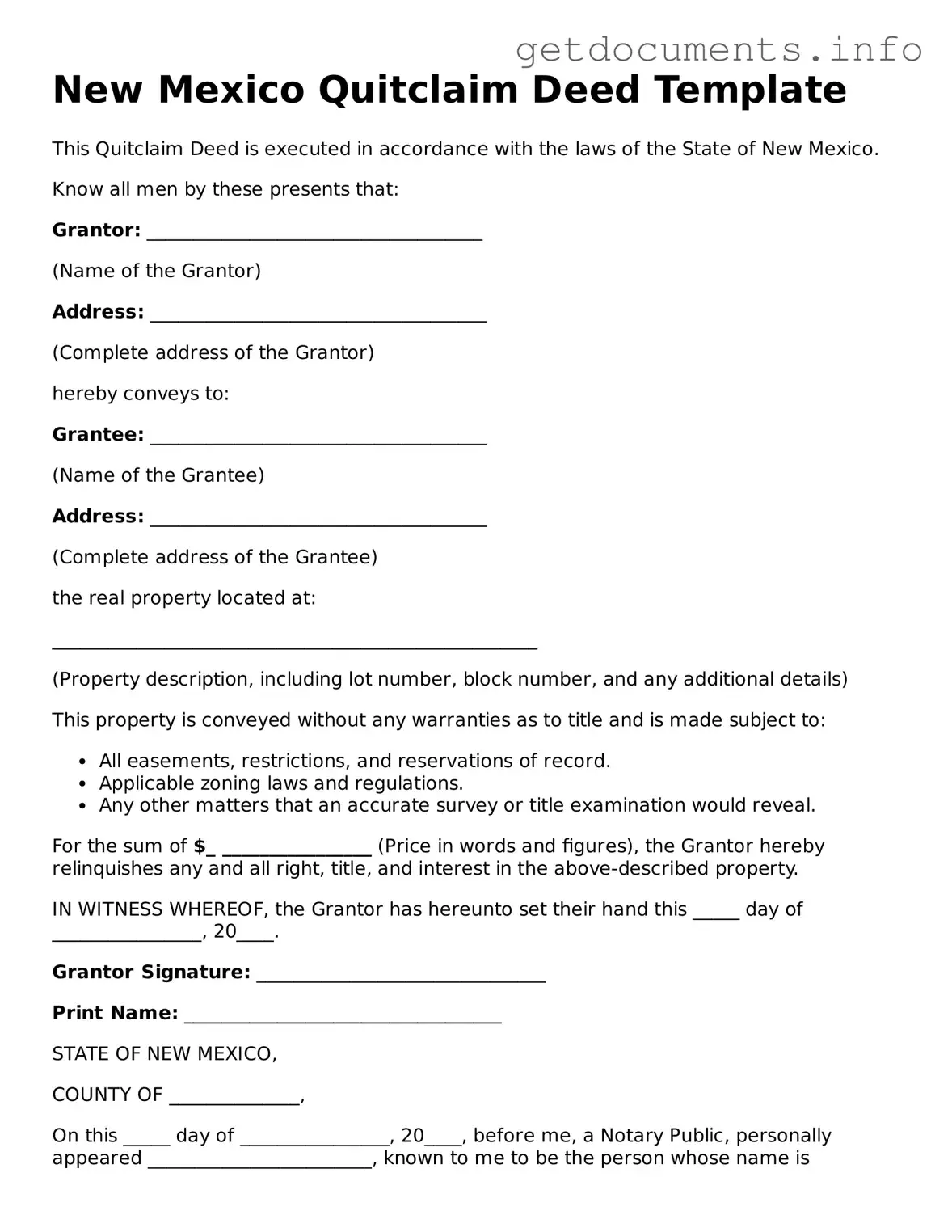 Free  Quitclaim Deed Template for New Mexico