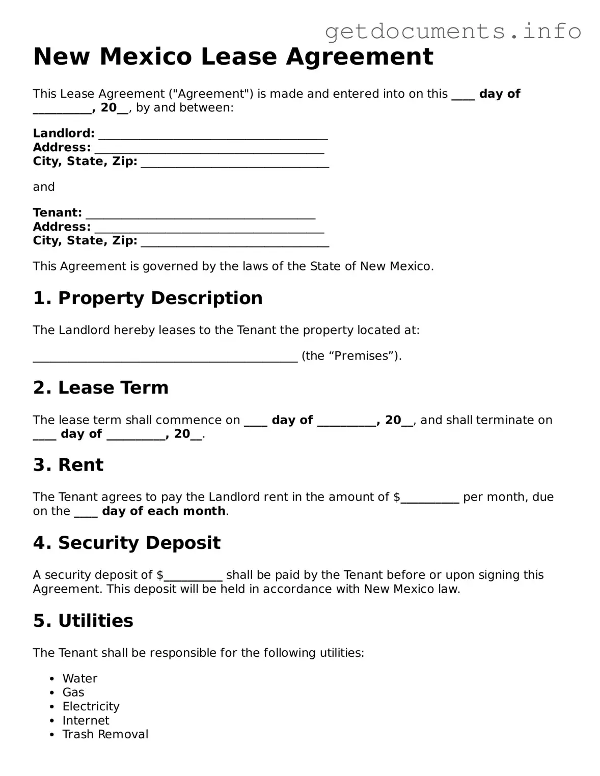 Free Lease Agreement Template for New Mexico