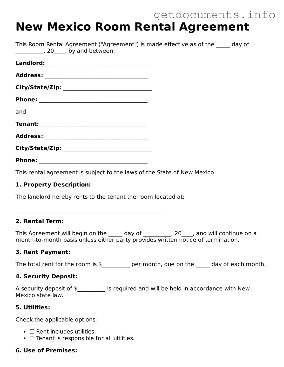 Free Room Rental Agreement Template for New Mexico