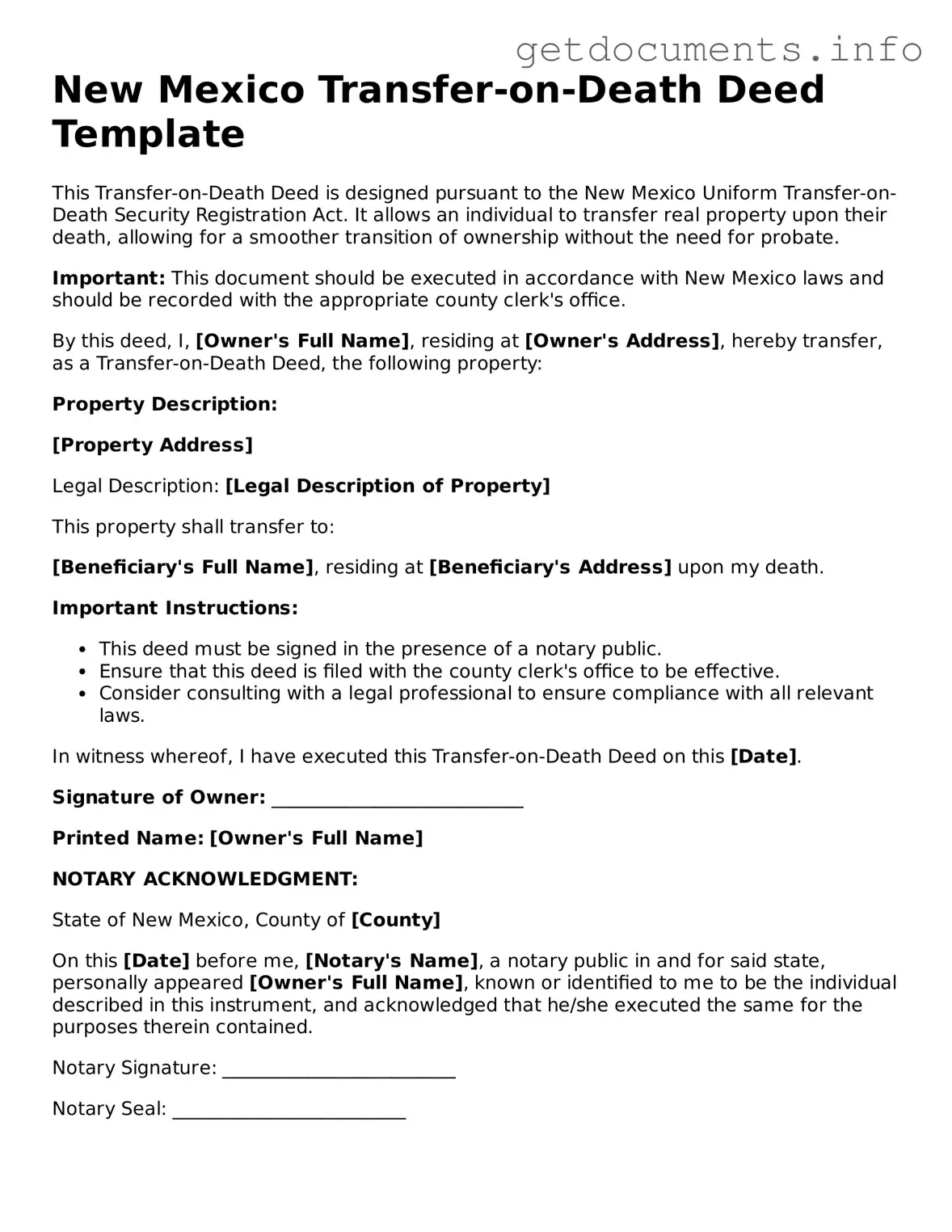 Free  Transfer-on-Death Deed Template for New Mexico