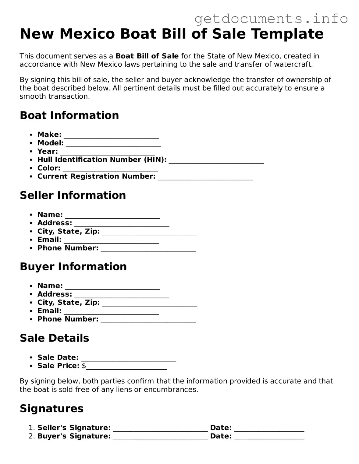 Free Boat Bill of Sale Template for New Mexico