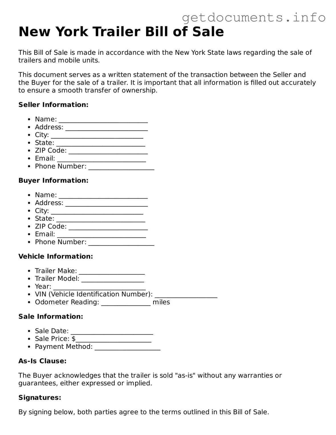 Free Trailer Bill of Sale Template for New York