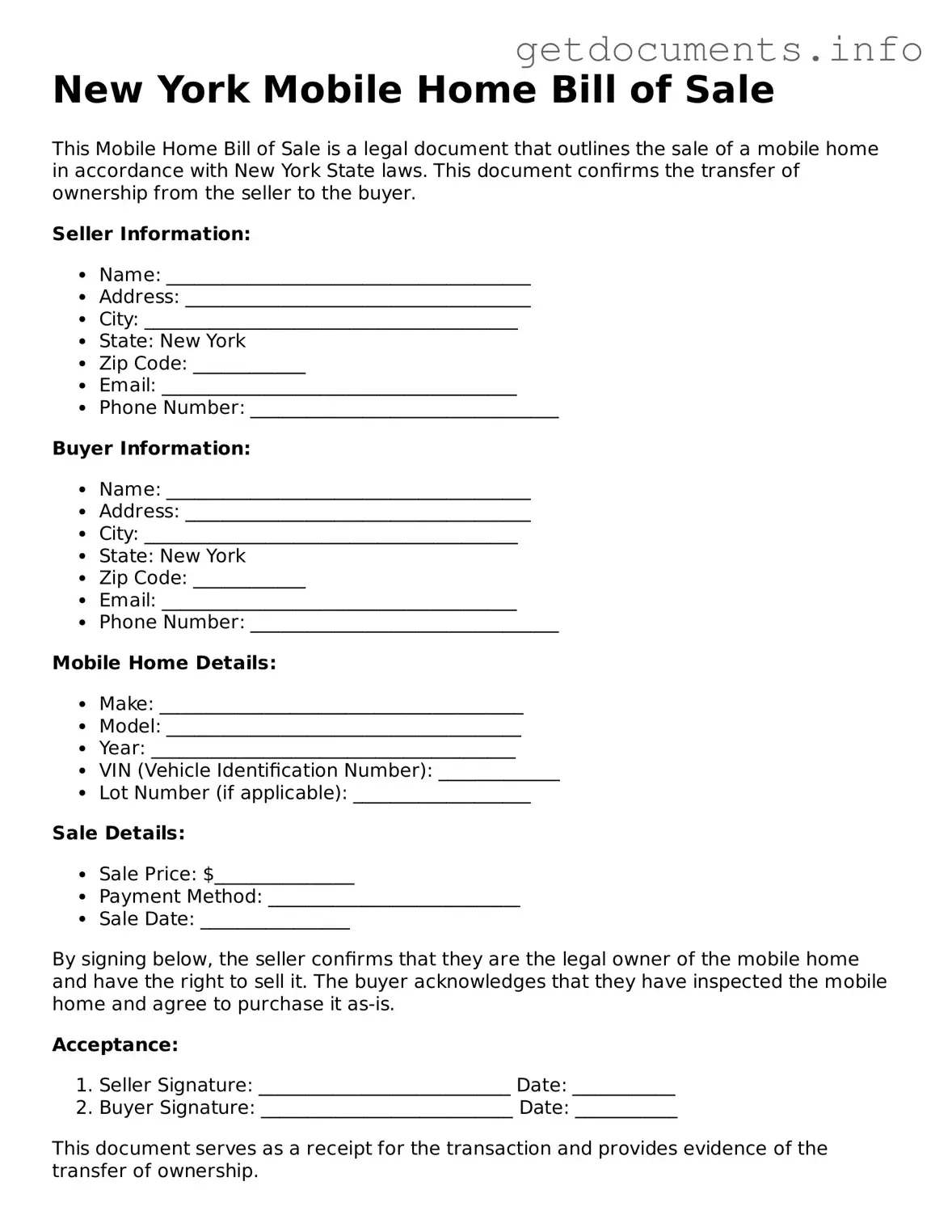Free Mobile Home Bill of Sale Template for New York