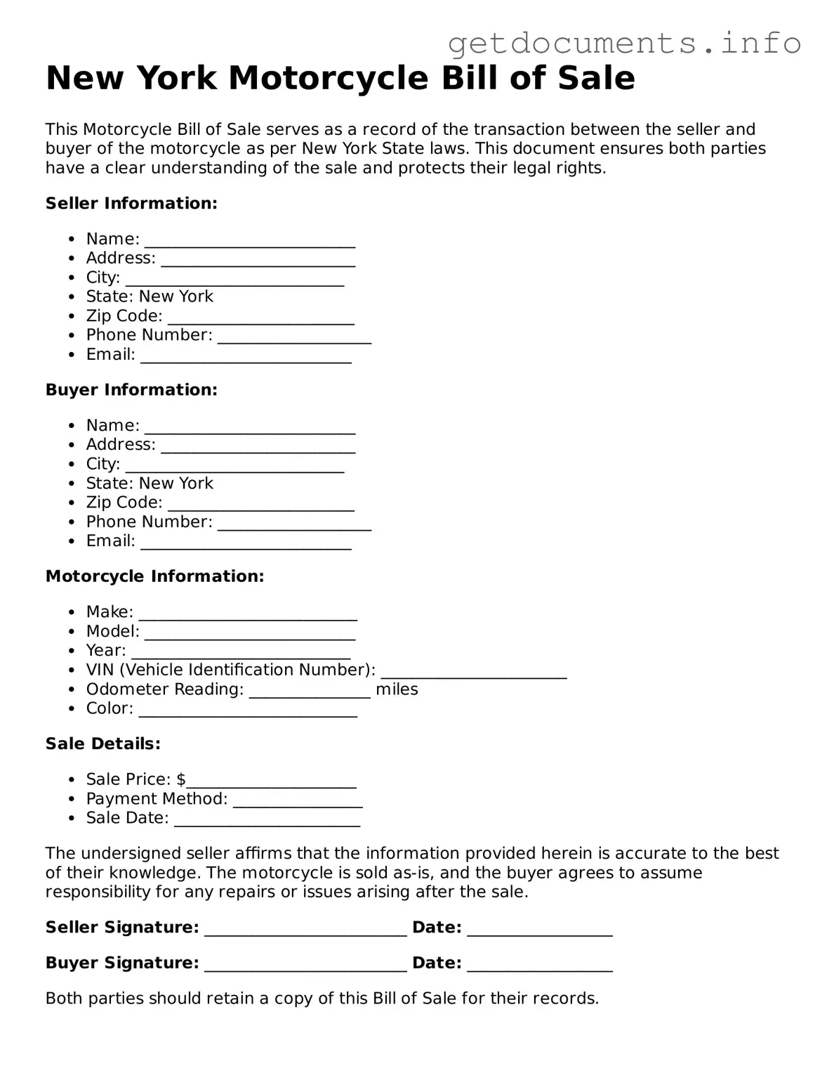 Free  Motorcycle Bill of Sale Template for New York