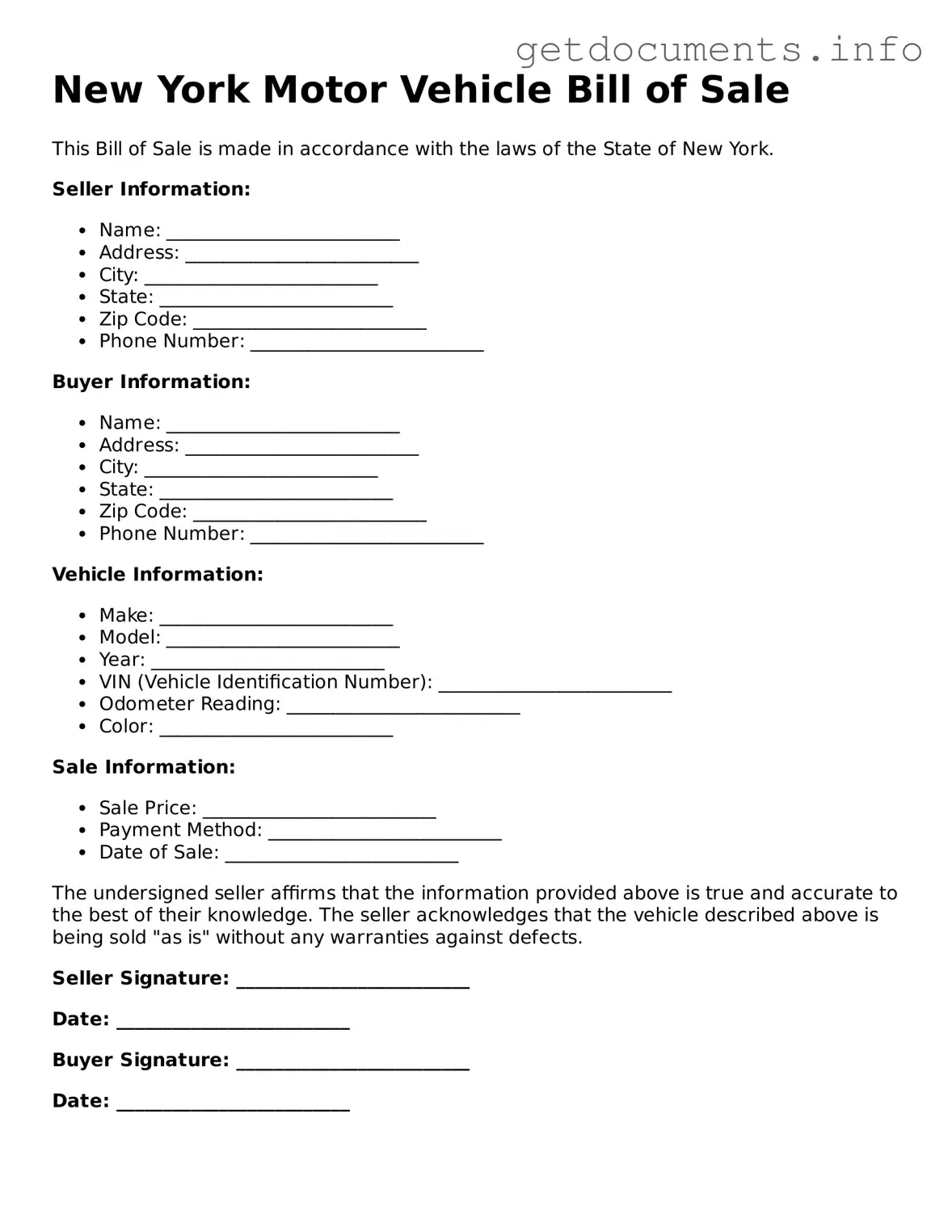 Free  Motor Vehicle Bill of Sale Template for New York