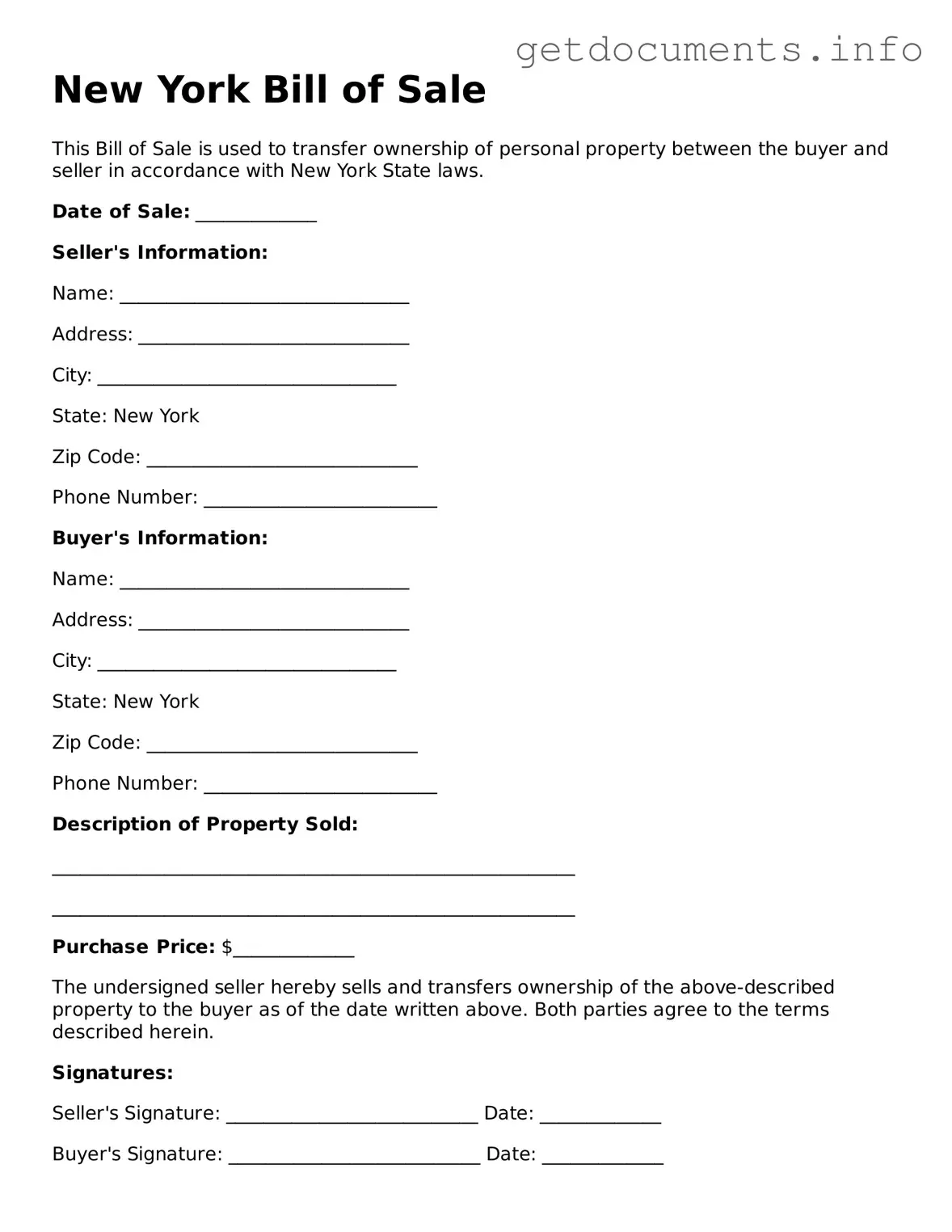 Free  Bill of Sale Template for New York