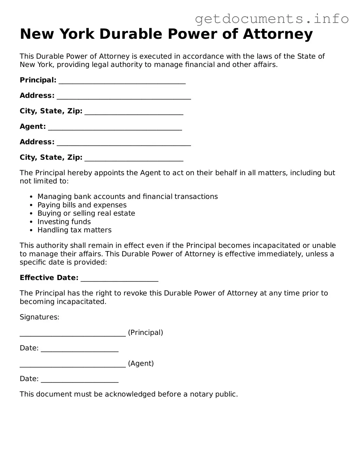 Free  Durable Power of Attorney Template for New York